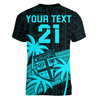 (Custom Personalised) Fiji Rugby Sevens V-Neck T Shirt Tapa Palm Tree and Fijian Coat of Arms LT9 - Polynesian Pride