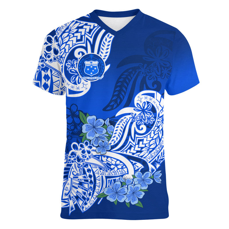 Polynesian Samoa Floral Tribal V-Neck T Shirt LT9 Female Blue - Polynesian Pride