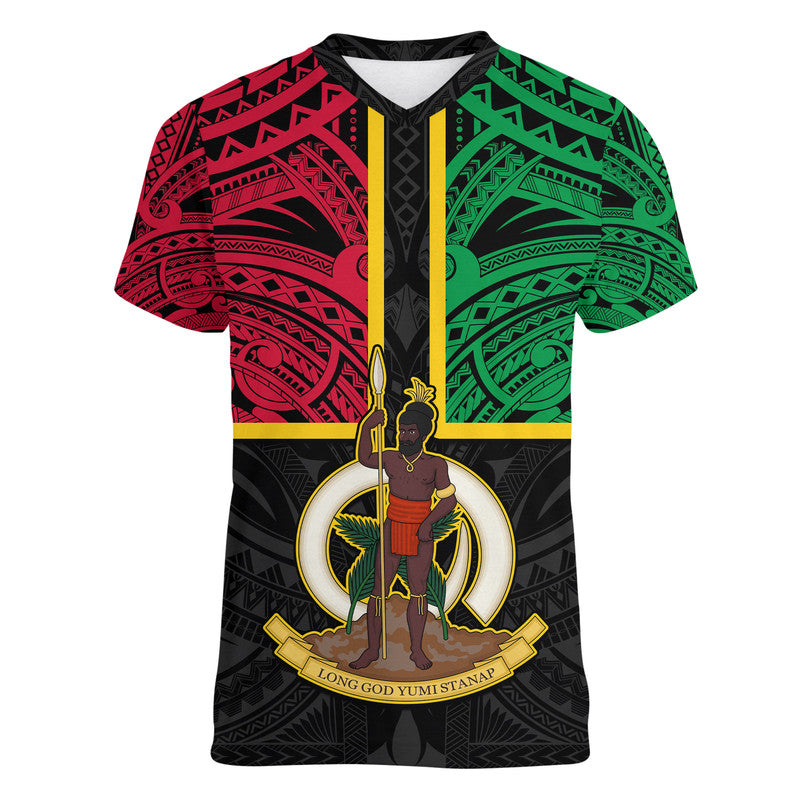 (Custom Personalised) Vanuatu V-Neck T Shirt Tribal Vanuatu Coat Of Arms Flag Style LT9 Female Black - Polynesian Pride