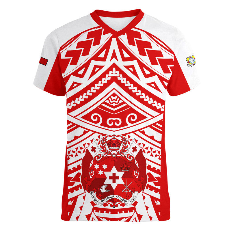 (Custom Text And Number) Tonga Rugby Sevens V-Neck T Shirt Coat of Arms Tribal Polynesian Pattern LT9 Female Red - Polynesian Pride