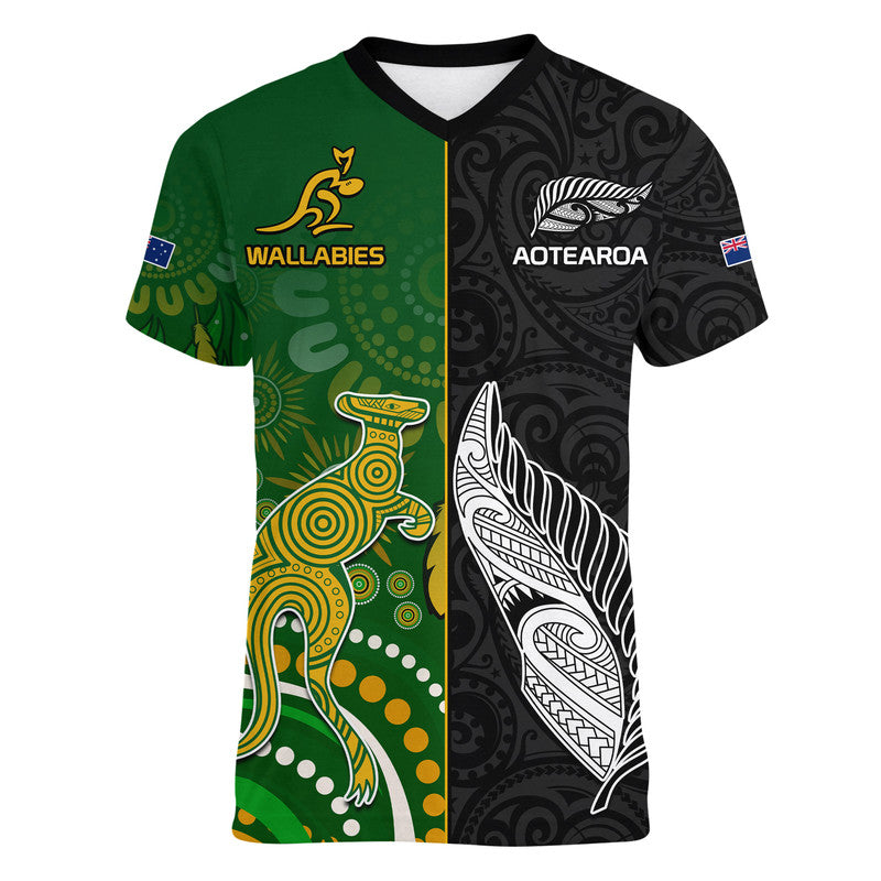 Aotearoa Rugby All Black Combine Australia Wallabies V-Neck T Shirt Aboriginal Kangaroo And Maori Fern LT9 Female Black - Polynesian Pride