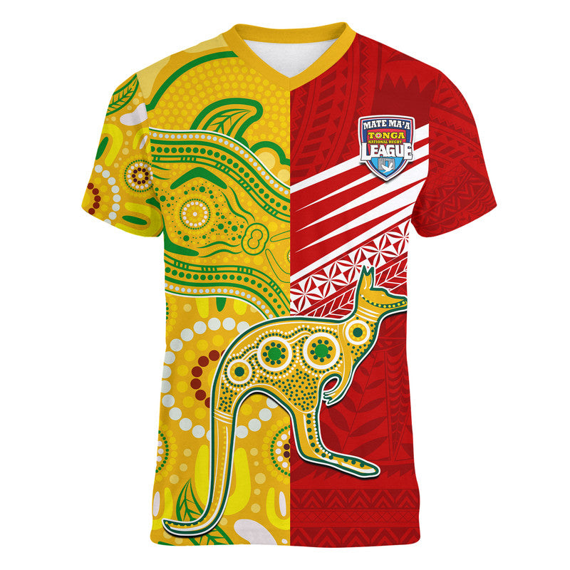 (Custom Personalised) Australia Kangaroos and Mate Maa Tonga V-Neck T Shirt LT9 Female Red - Polynesian Pride