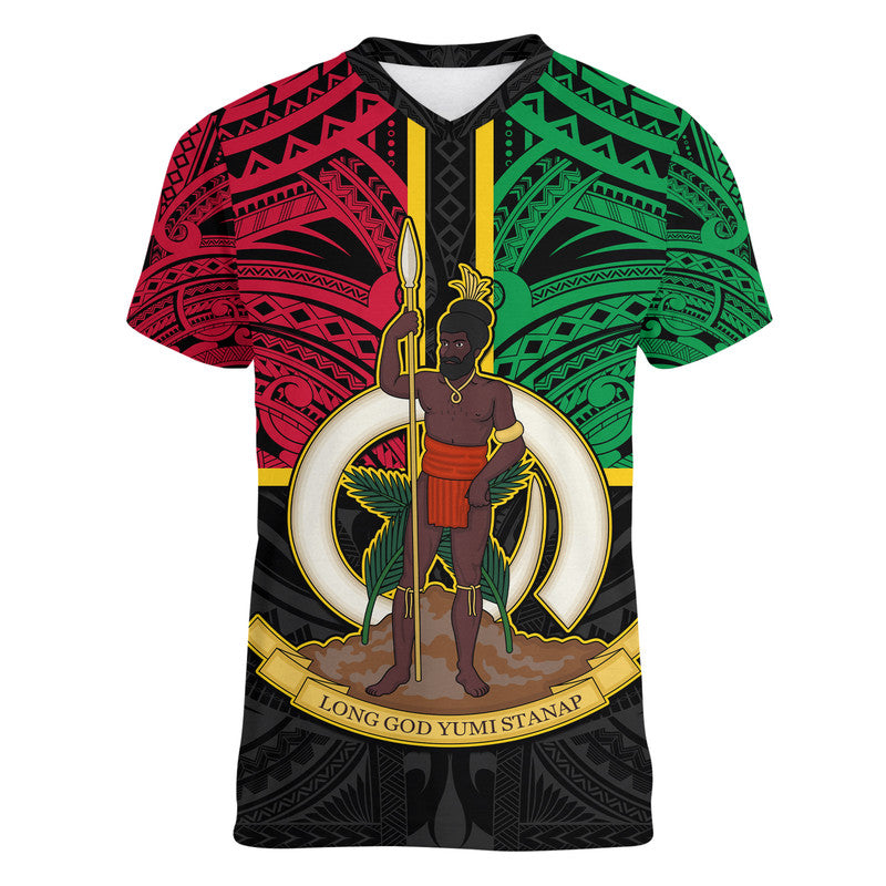 (Custom Personalised) Vanuatu V-Neck T Shirt Tribal Vanuatu Coat Of Arms Flag Style No2 LT9 Female Black - Polynesian Pride