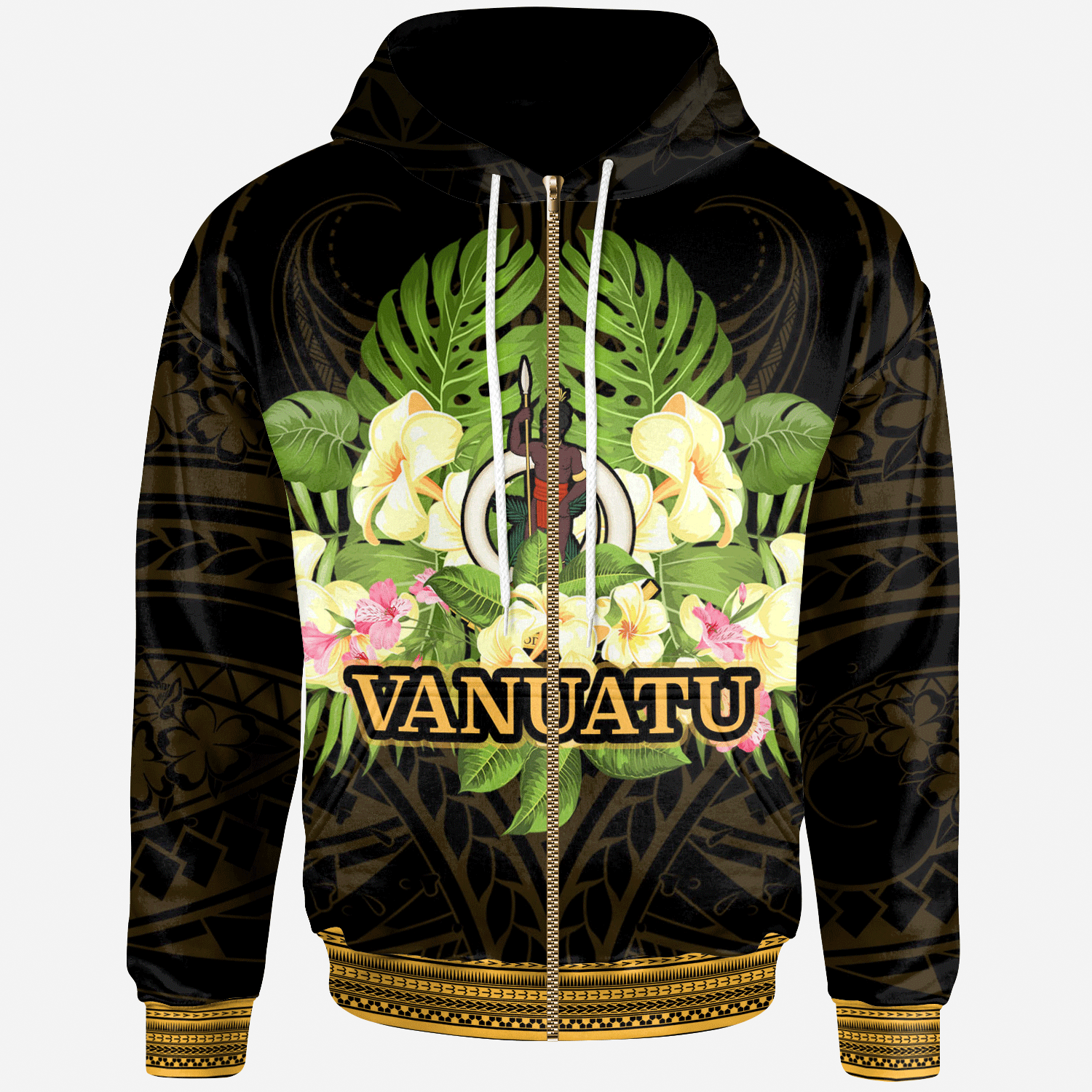 Vanuatu Zip Hoodie Polynesian Gold Patterns Collection Unisex Black - Polynesian Pride