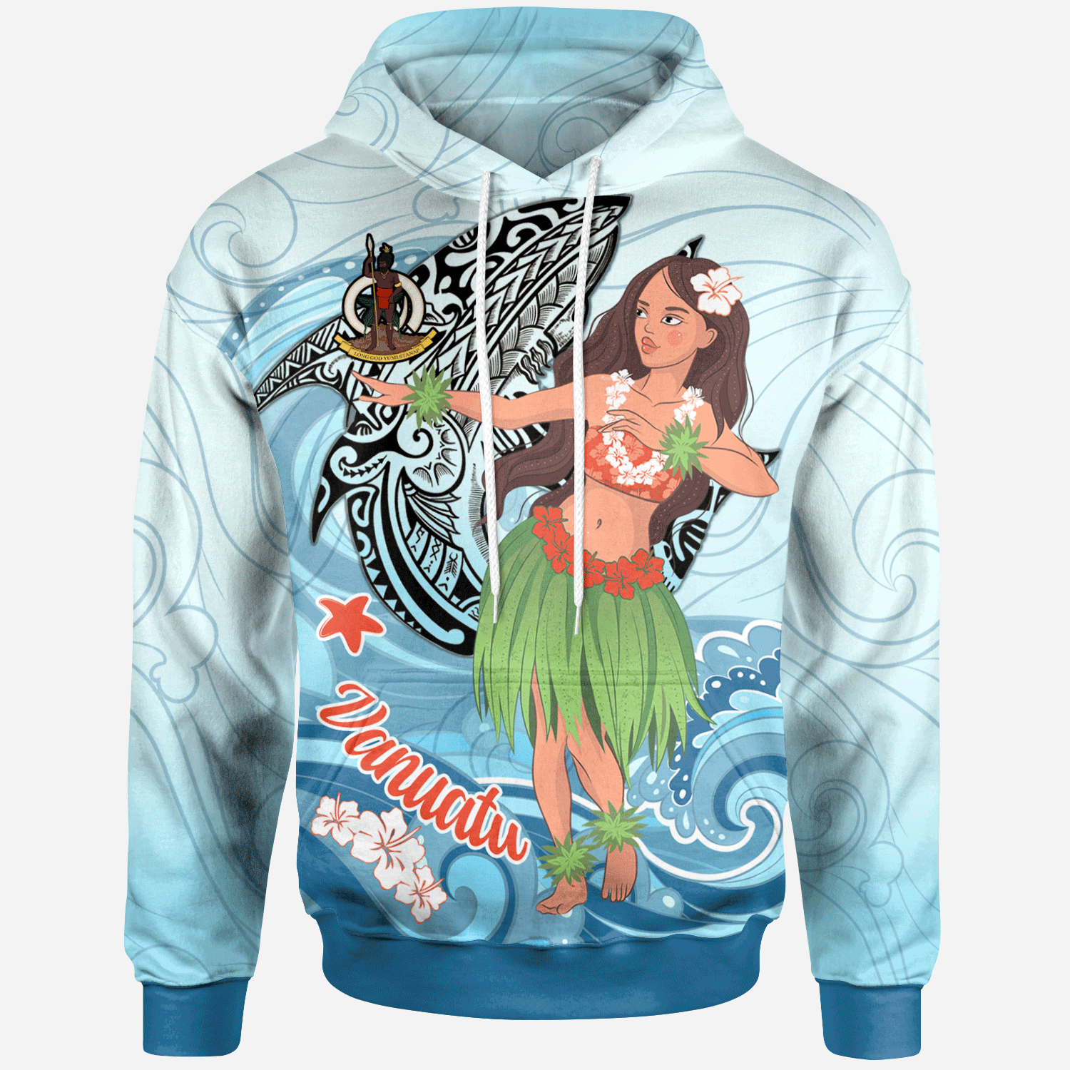 Vanuatu Hoodie Polynesian Girls With Shark Unisex Blue - Polynesian Pride