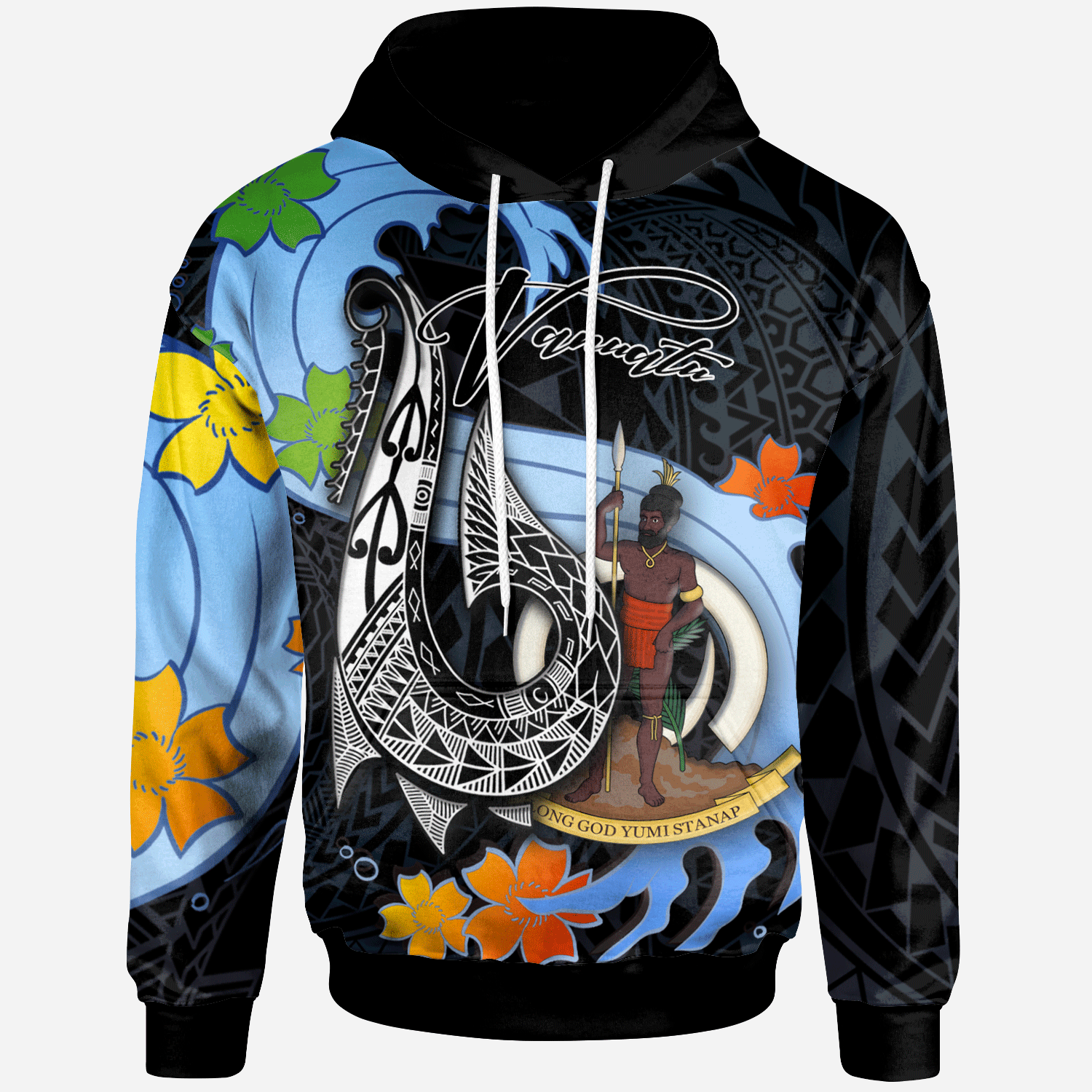 Vanuatu Hoodie Fish Hooks and Wave Unisex Black - Polynesian Pride