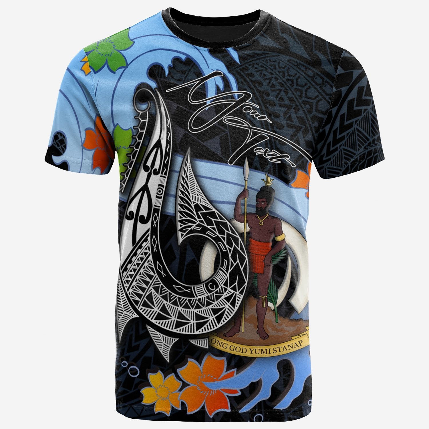 Vanuatu Custom T Shirt Fish Hooks and Wave Unisex Black - Polynesian Pride