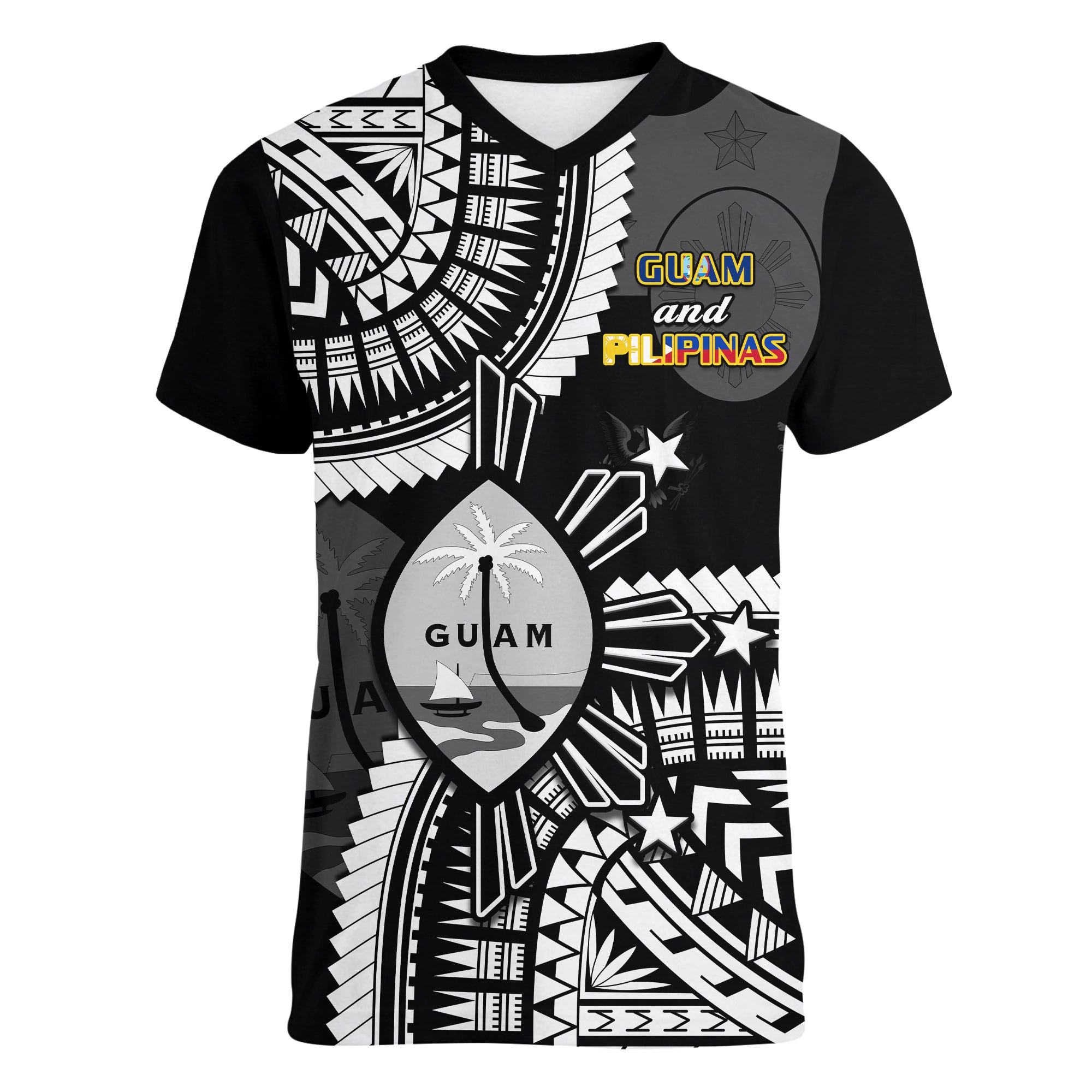 (Custom Personalised) Guam and Philippines V-Neck T Shirt Guaman Filipinas Together Black LT14 Female Black - Polynesian Pride