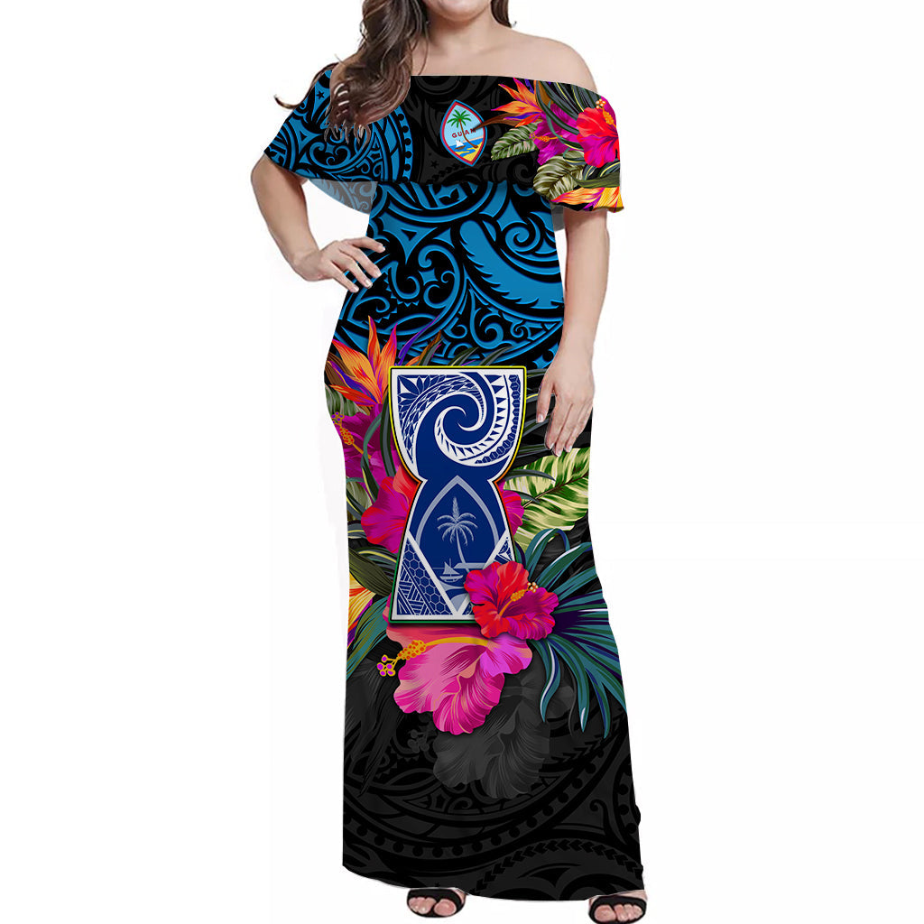 Guam Off Shoulder Long Dress Alluring Polynesia and Tropical Flowers LT13 Women Black - Polynesian Pride