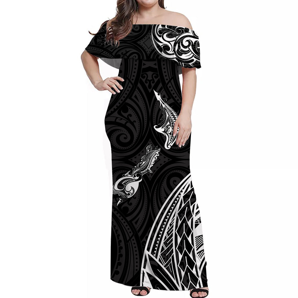 New Zealand Maori Off Shoulder Long Dress Mix Map NZ LT13 Women Black - Polynesian Pride