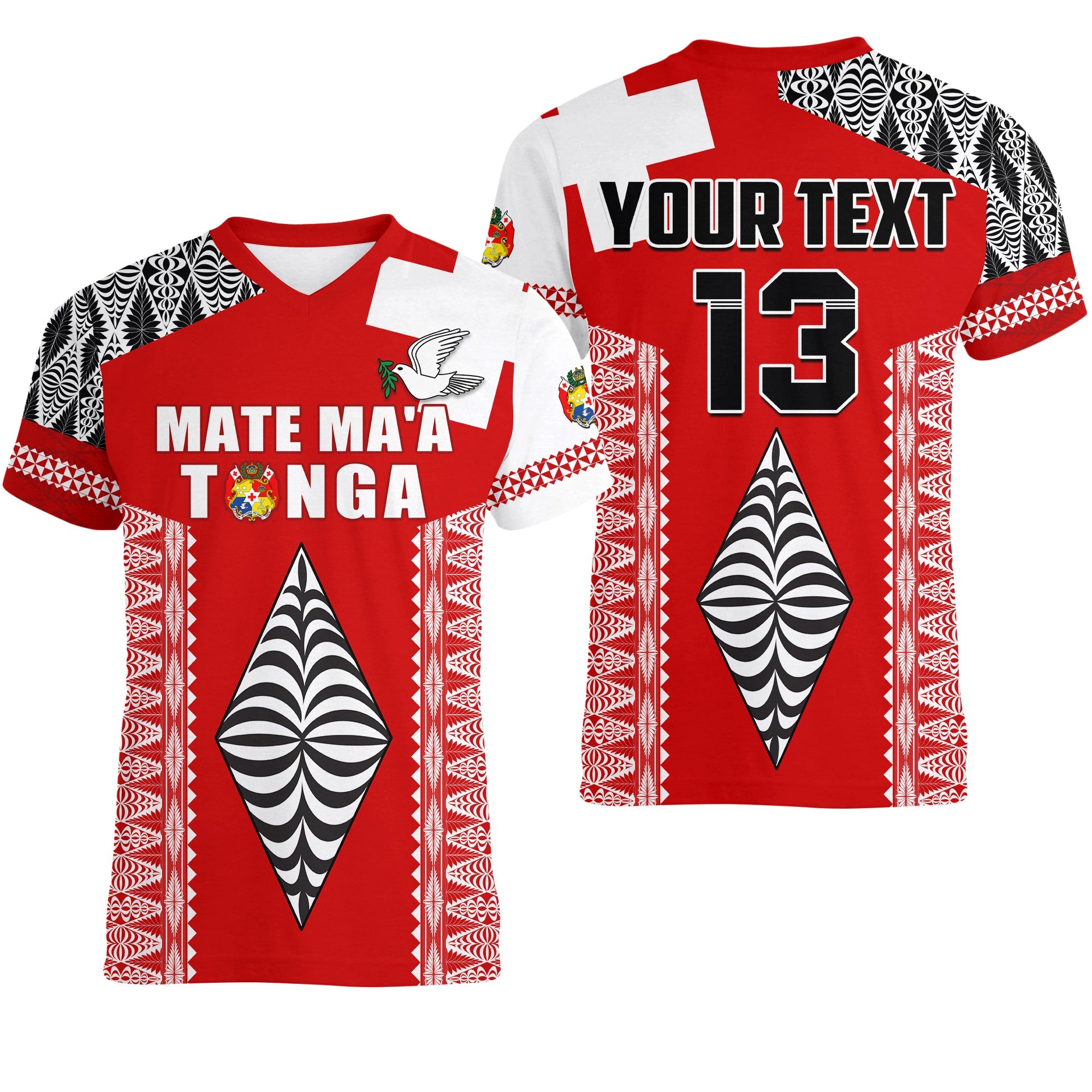 (Custom Text and Number) Tonga Rugby V Neck T Shirt Kupesi Ngatu Mate Maa Tonga LT13 Red - Polynesian Pride