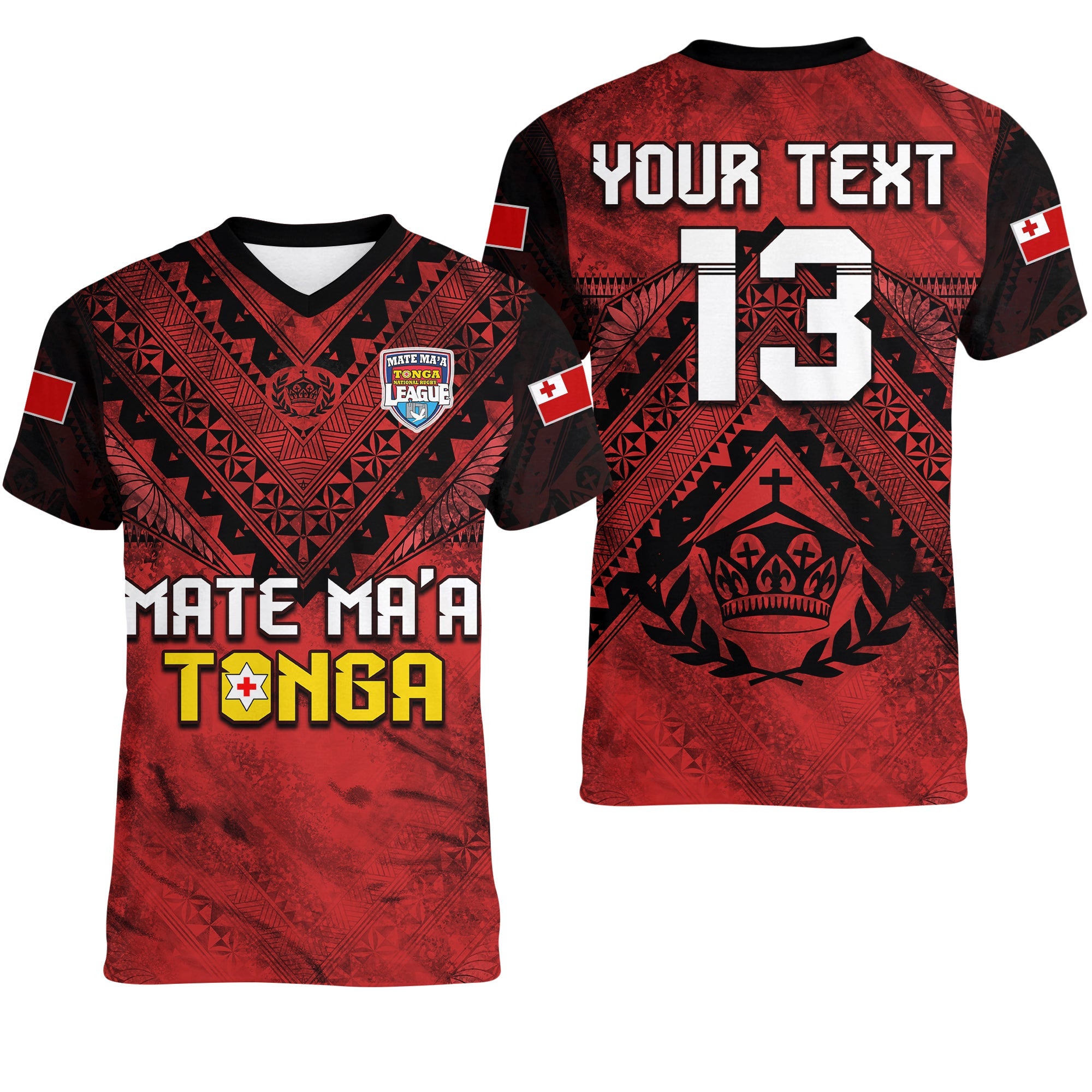 (Custom Text and Number) Tonga Rugby MMT V-Neck T Shirt Ngatu Mate Maa Tonga Grunge LT13 Female Red - Polynesian Pride