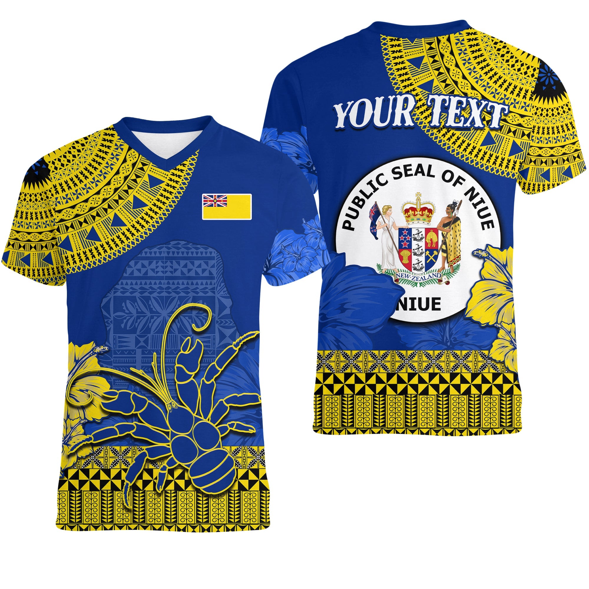 (Custom Personalised) Niue Hiapo V - Neck T Shirt Rock of Polynesia Tapa Niuean Crab Happy Day LT13 Blue - Polynesian Pride