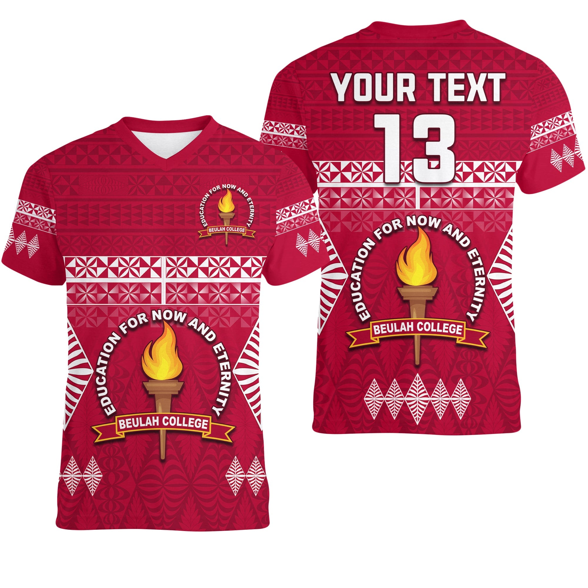 (Custom Text and Number) Beulah College V - Neck T Shirt Ngatu Pattern Tonga LT13 Maroon - Polynesian Pride