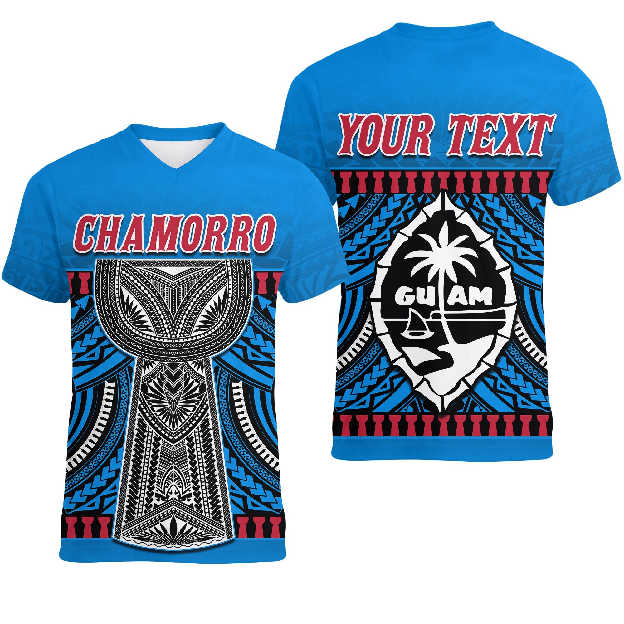 Custom Guam Chamorro V neck T Shirt Latte Stone Blue Polynesian Haligi LT13 Blue - Polynesian Pride