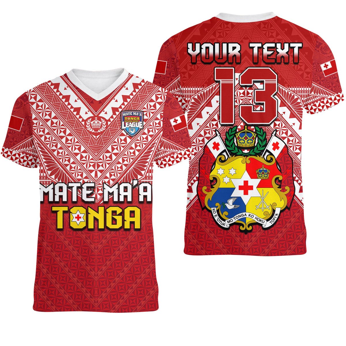 (Custom Text and Number) Tonga Rugby MMT V-Neck T Shirt Ngatu Mate Maa Tonga Special LT13 Female Red - Polynesian Pride