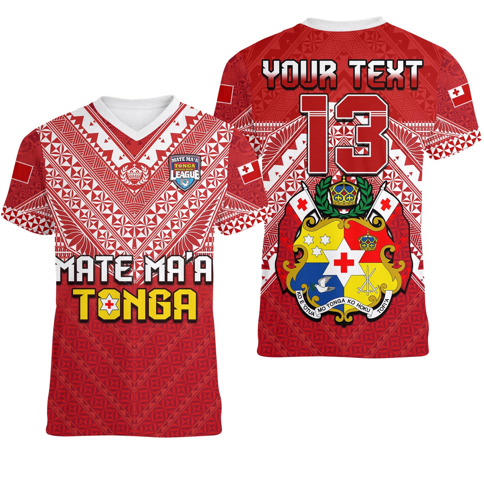 (Custom Text and Number) Tonga Rugby MMT V-Neck T Shirt Ngatu Mate Maa Tonga Special LT13 Female Red - Polynesian Pride