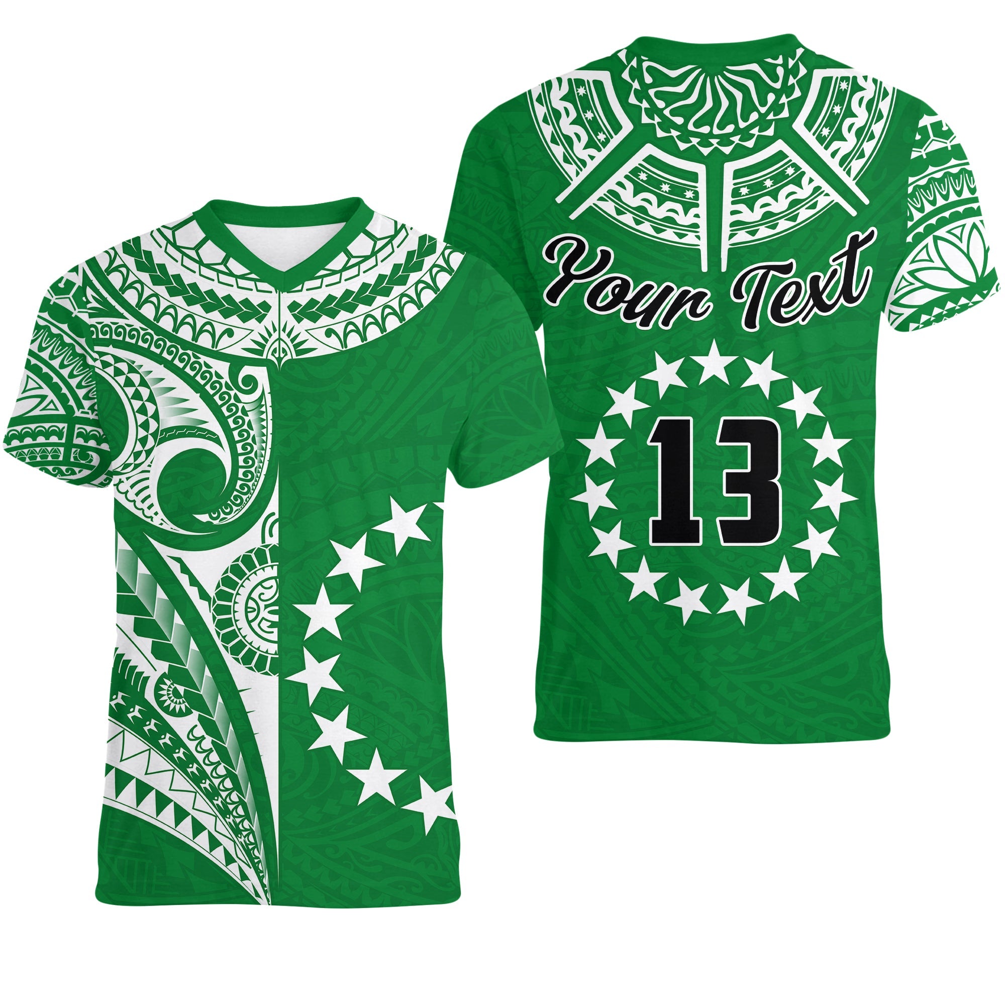 (Custom Text and Number) Cook Islands Tatau V Neck T Shirt Symbolize Passion Stars Version Green LT13 Green - Polynesian Pride