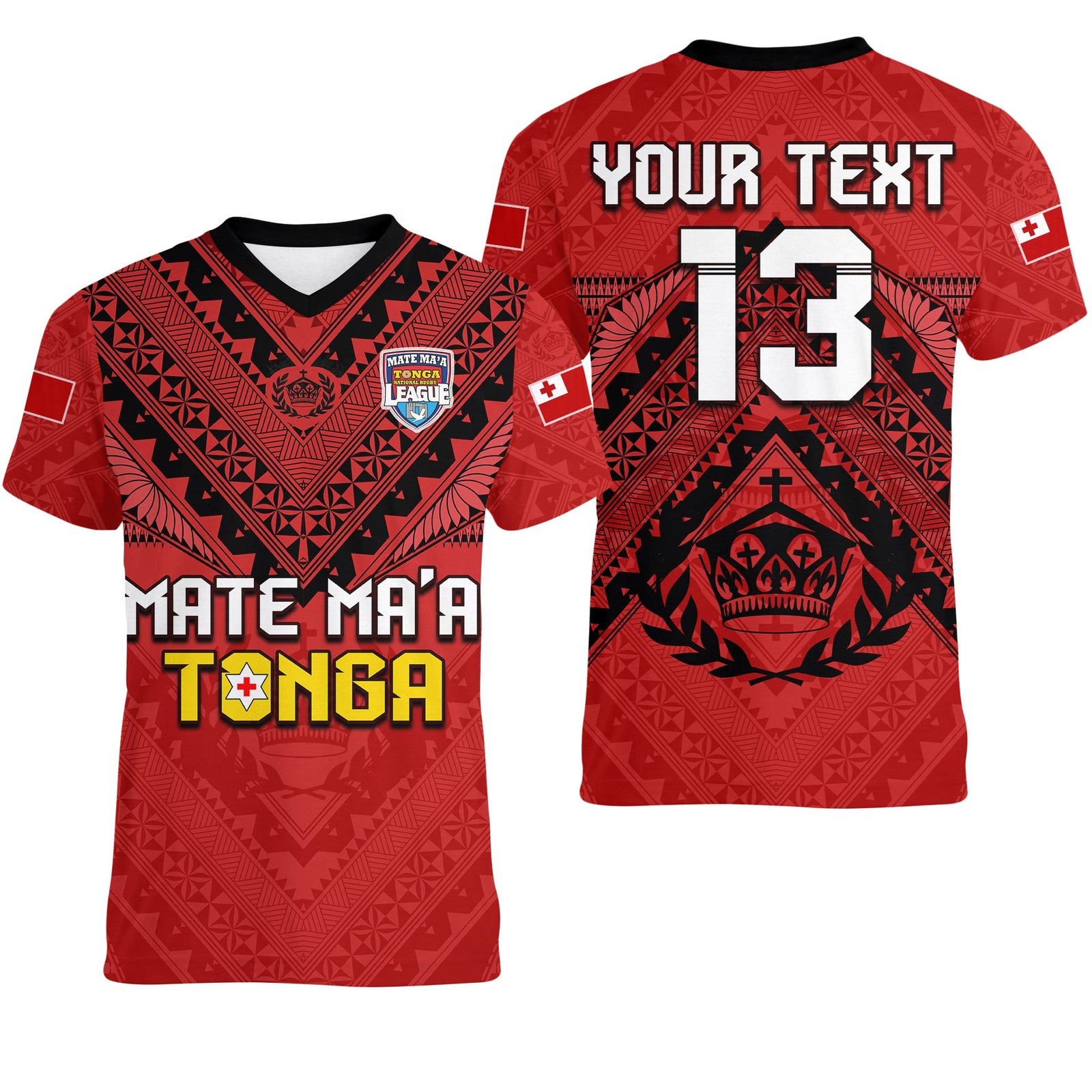 (Custom Text and Number) Tonga Rugby MMT V-Neck T Shirt Ngatu Mate Maa Tonga Simple LT13 Female Red - Polynesian Pride