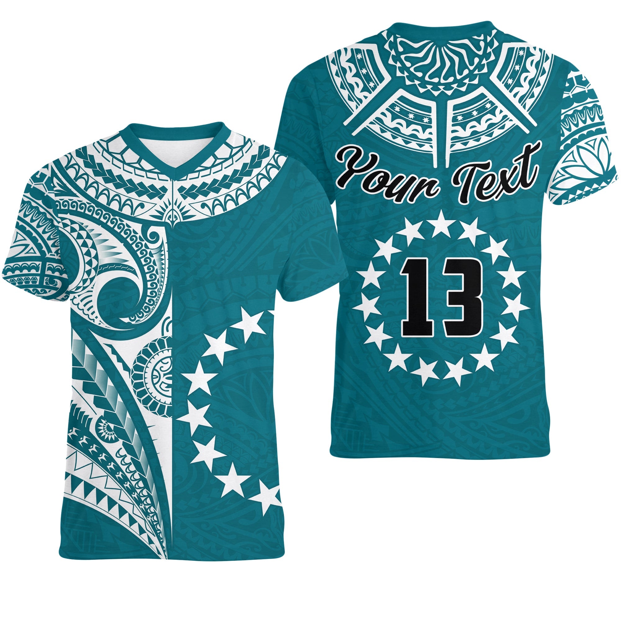 (Custom Text and Number) Cook Islands Tatau V Neck T Shirt Symbolize Passion Stars Version Blue LT13 Blue - Polynesian Pride