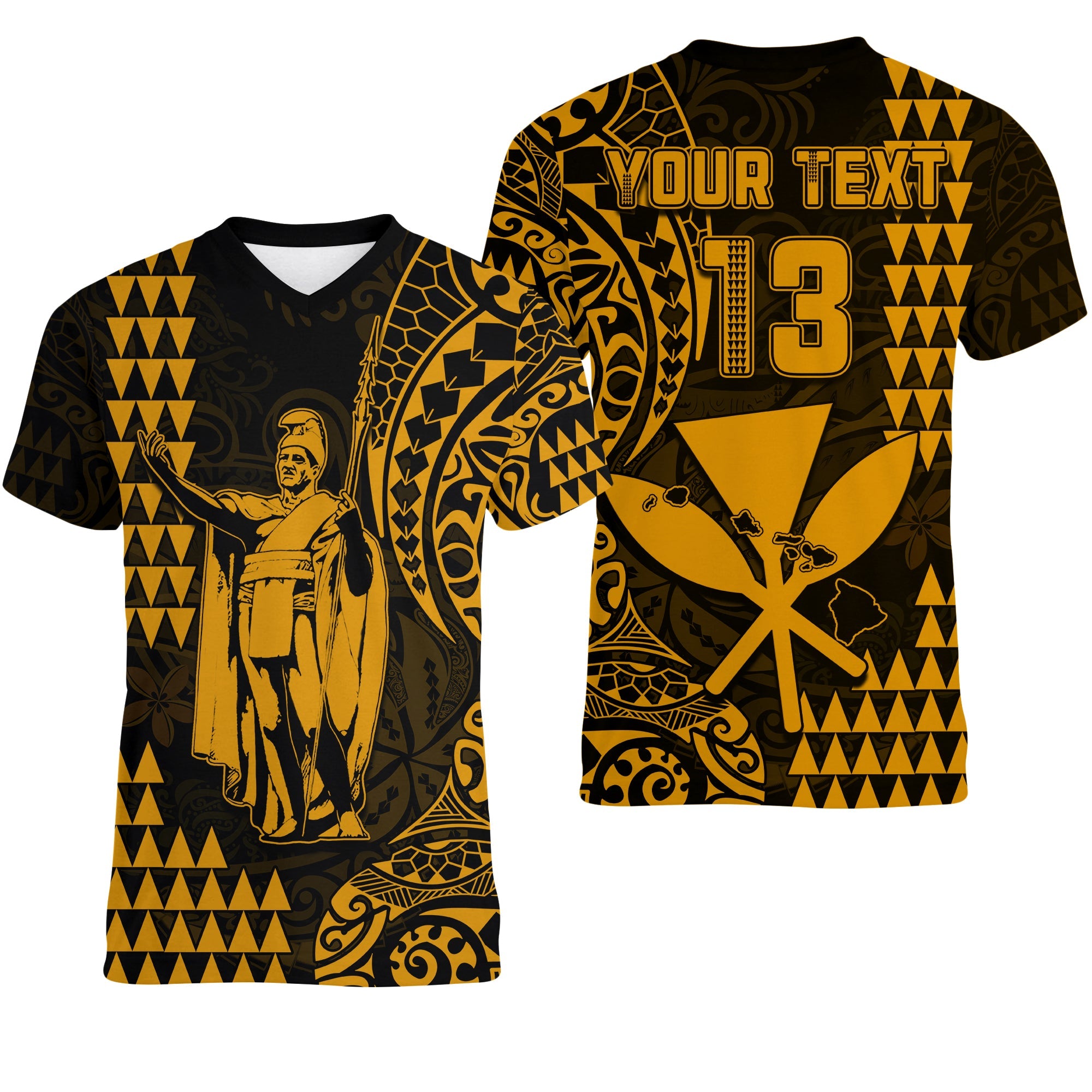 (Custom Text and Number) Hawaii Day Kakau V-Neck T Shirt Proud To Be Hawaiian Gold King Kamehameha and Kanaka Maoli LT13 Female Gold - Polynesian Pride