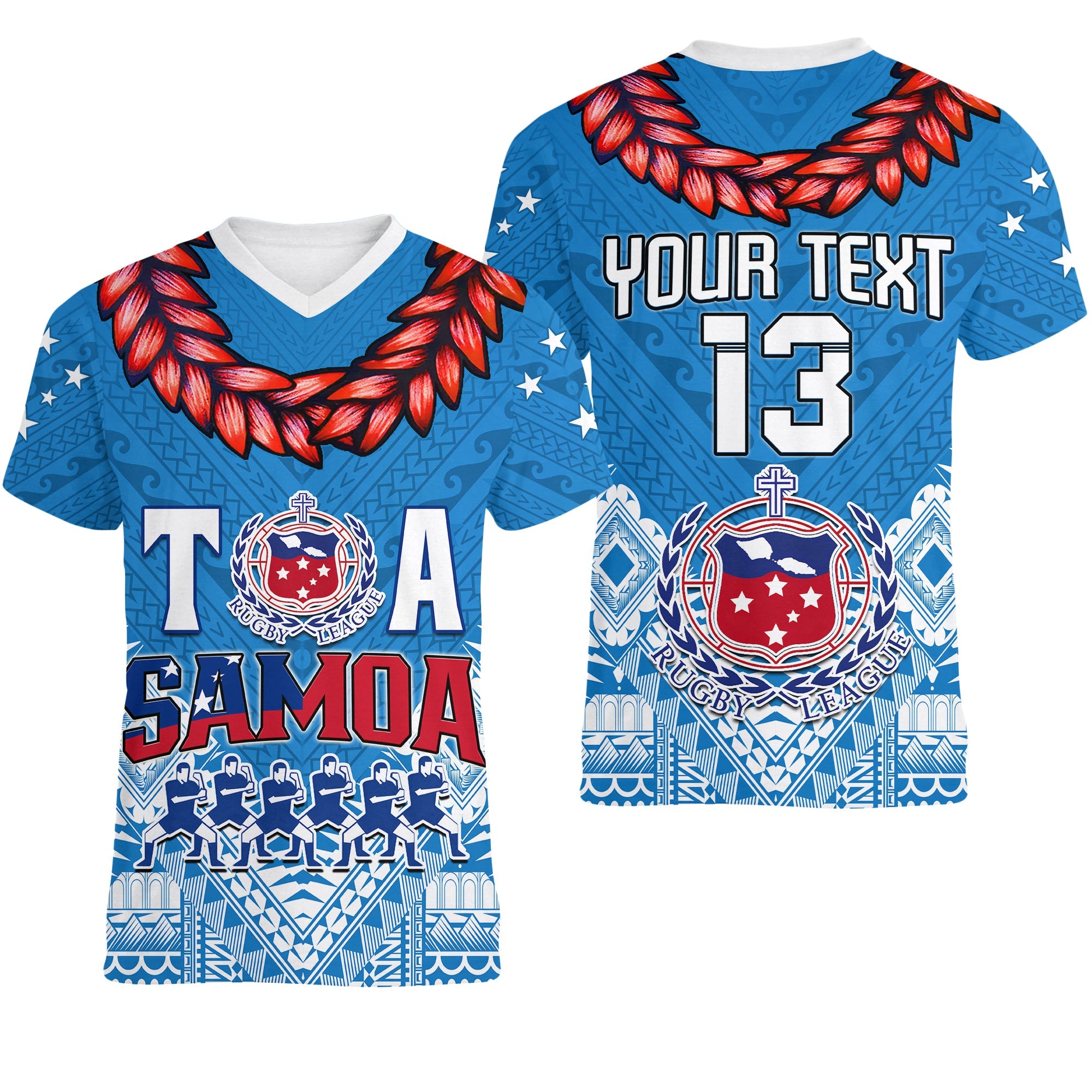 (Custom Personalise Text and Number) Toa Samoa Rugby V-Neck T Shirt Manu Siva Tau Style Ulafala LT13 Female Blue - Polynesian Pride