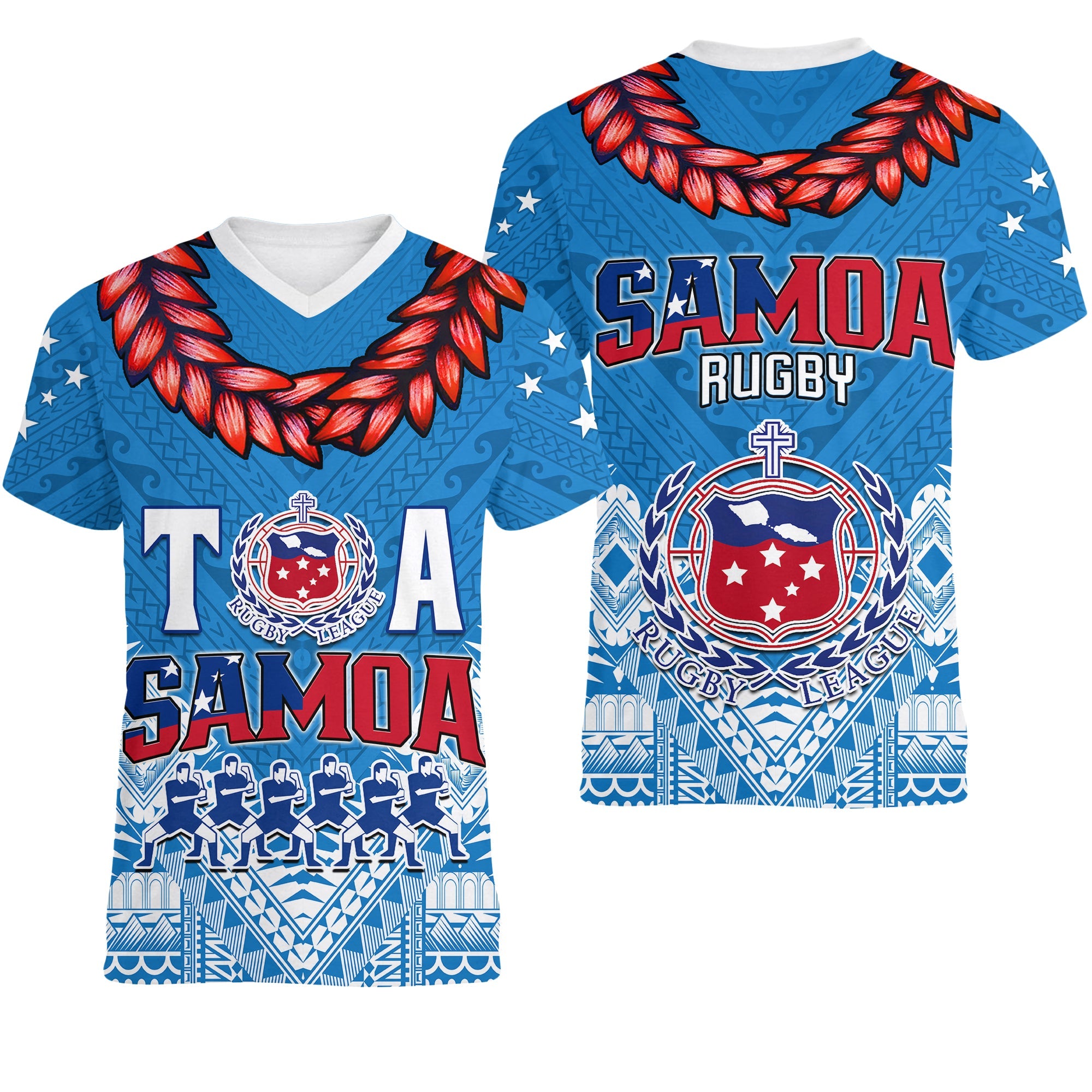 Toa Samoa Rugby V-Neck T Shirt Manu Siva Tau Style Ulafala LT13 Female Blue - Polynesian Pride