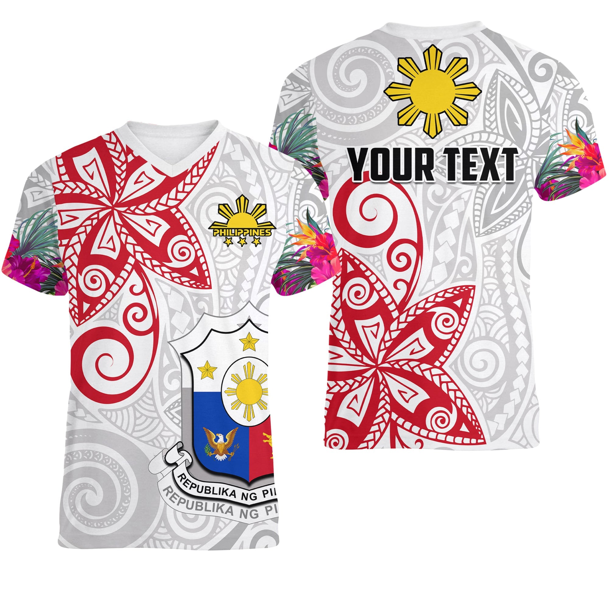 (Custom Personalised) Philippines V-Neck T Shirt Sun Filipino Polynesian mix Flowers White Vibe LT13 Female White - Polynesian Pride