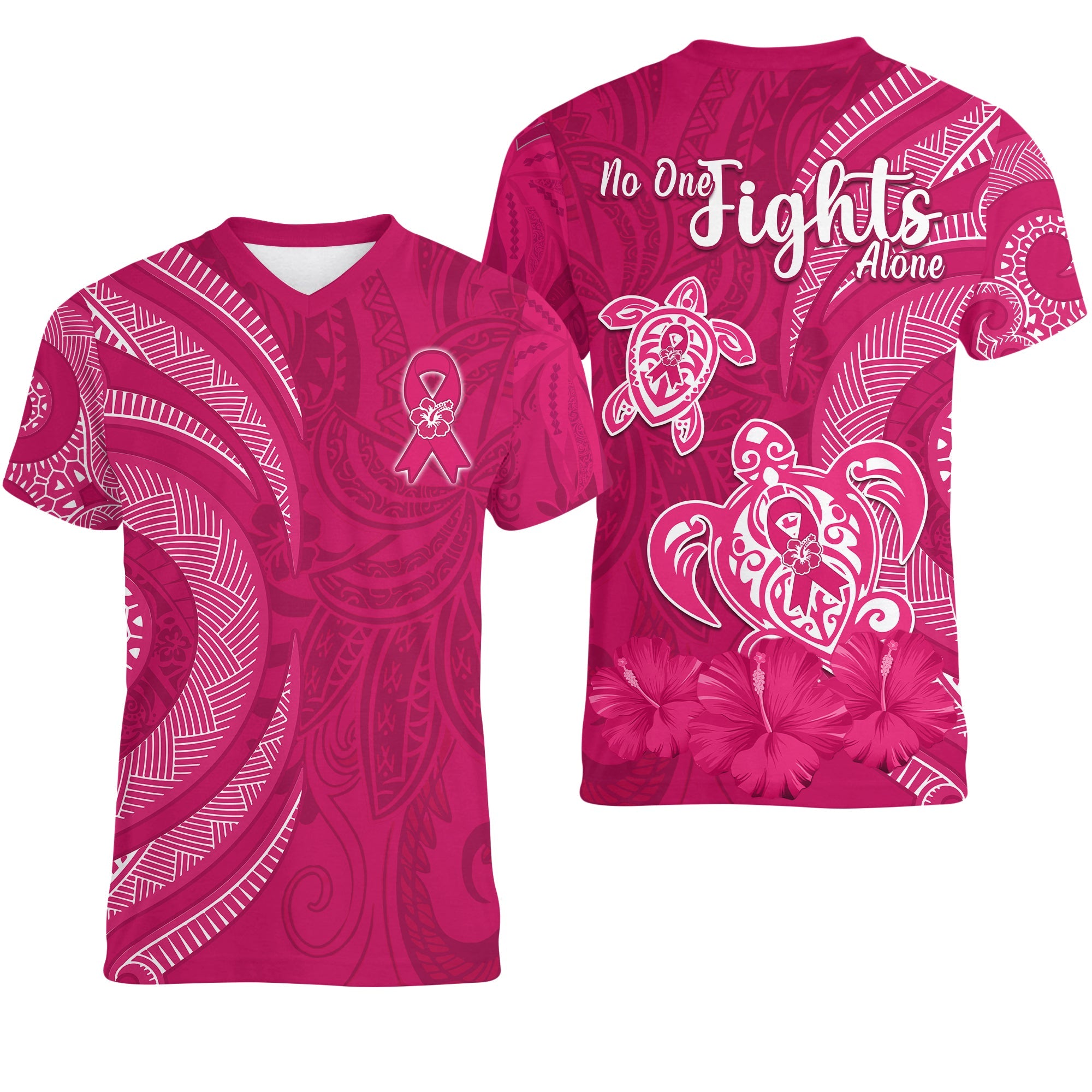 Breast Cancer Awareness V-Neck T Shirt Hibiscus Polynesian No One Fights Alone LT13 Female Pink - Polynesian Pride