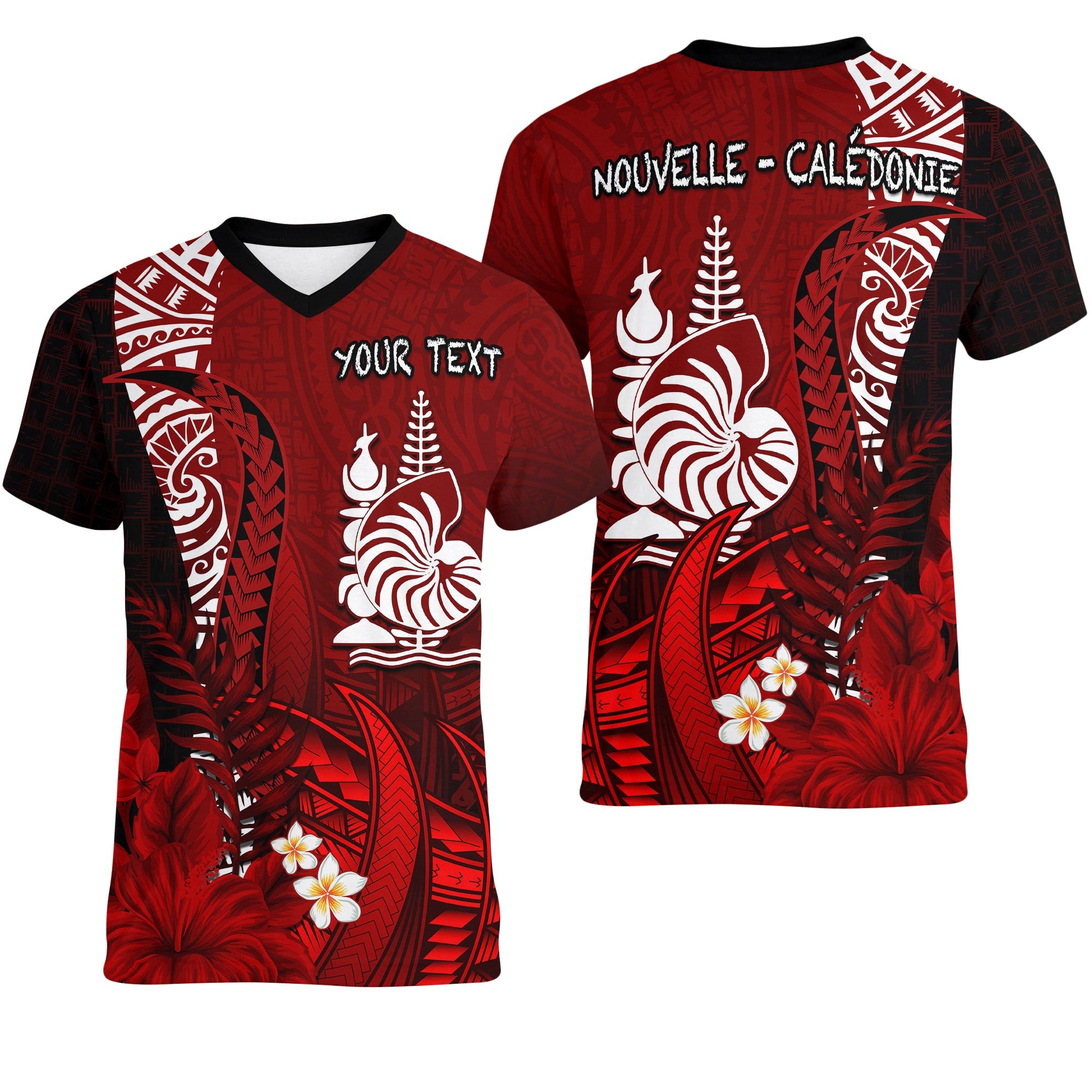 (Custom Personalised) New Caledonia V-Neck T Shirt Nautilus Red Polynesian Hibiscus LT13 Female Red - Polynesian Pride