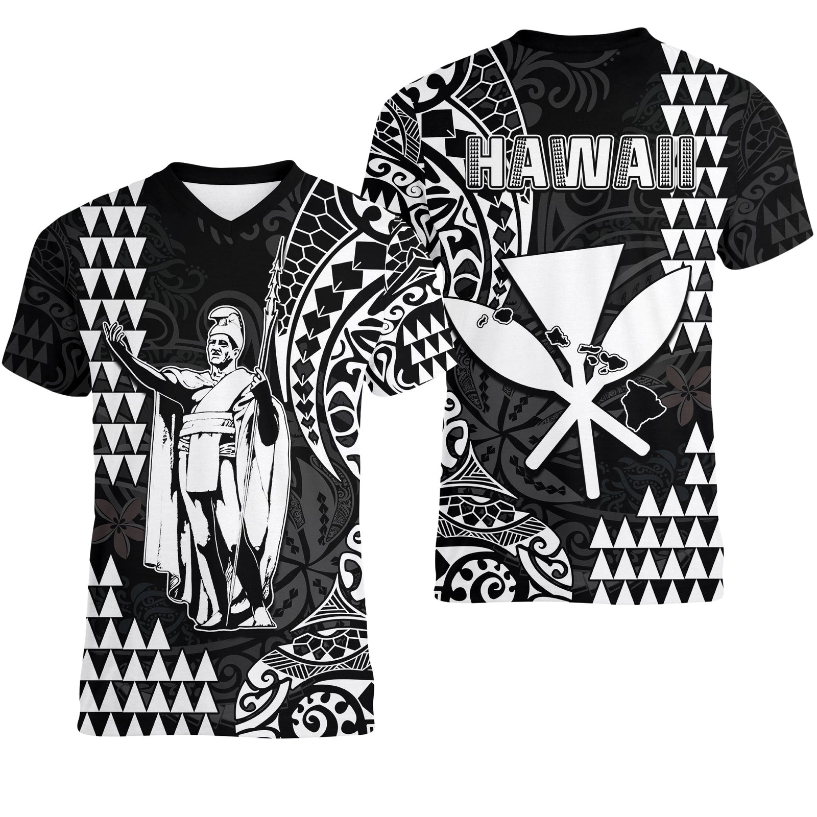 Hawaii Day Kakau V-Neck T Shirt Proud To Be Hawaiian Black King Kamehameha and Kanaka Maoli LT13 Female Black - Polynesian Pride