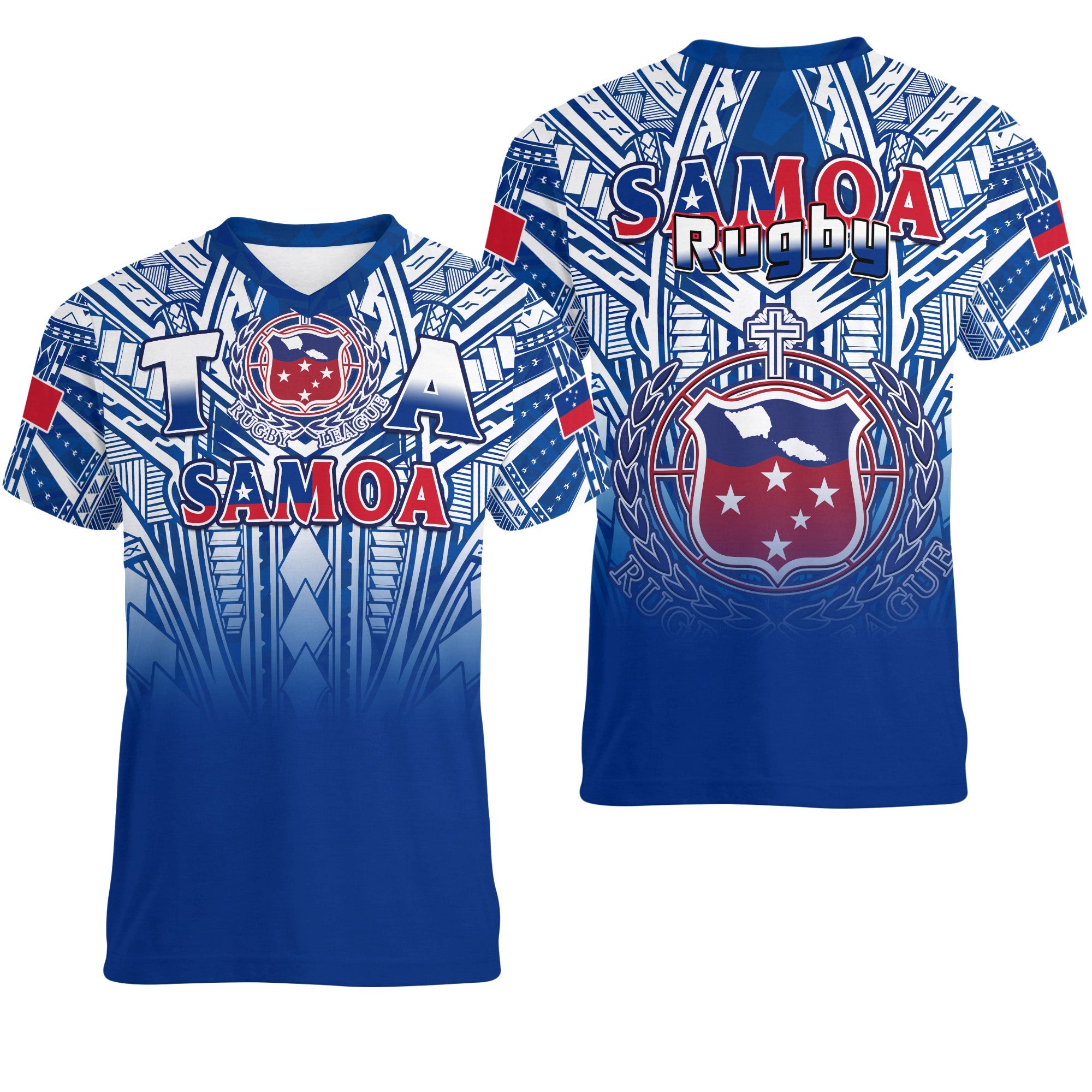 Samoa Rugby V-Neck T Shirt Toa Samoa Polynesian Pacific Navy Version LT14 Female Blue - Polynesian Pride