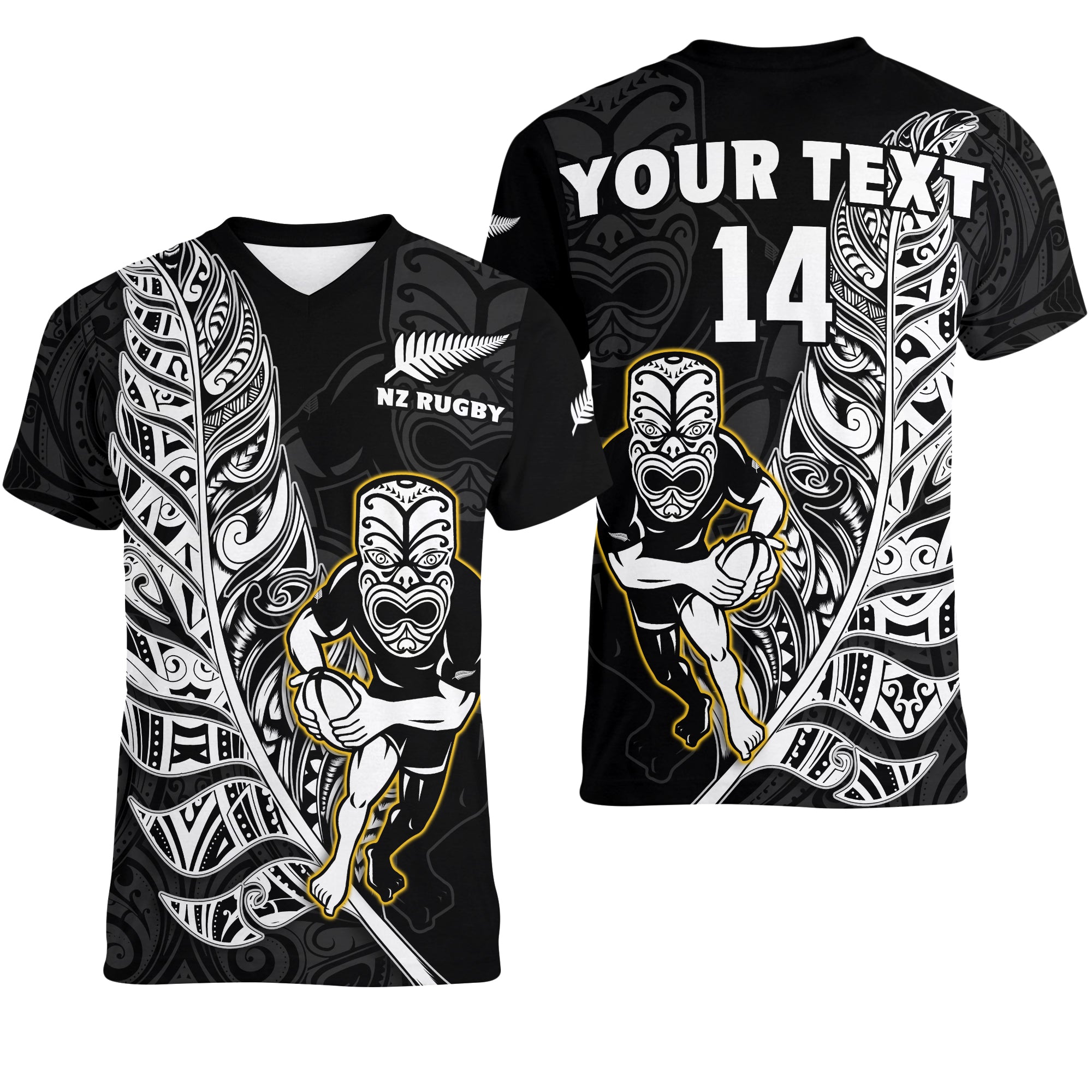 (Custom Text And Number) New Zealand Silver Fern Rugby V-Neck T Shirt All Black Maori Version Black LT14 Female Black - Polynesian Pride