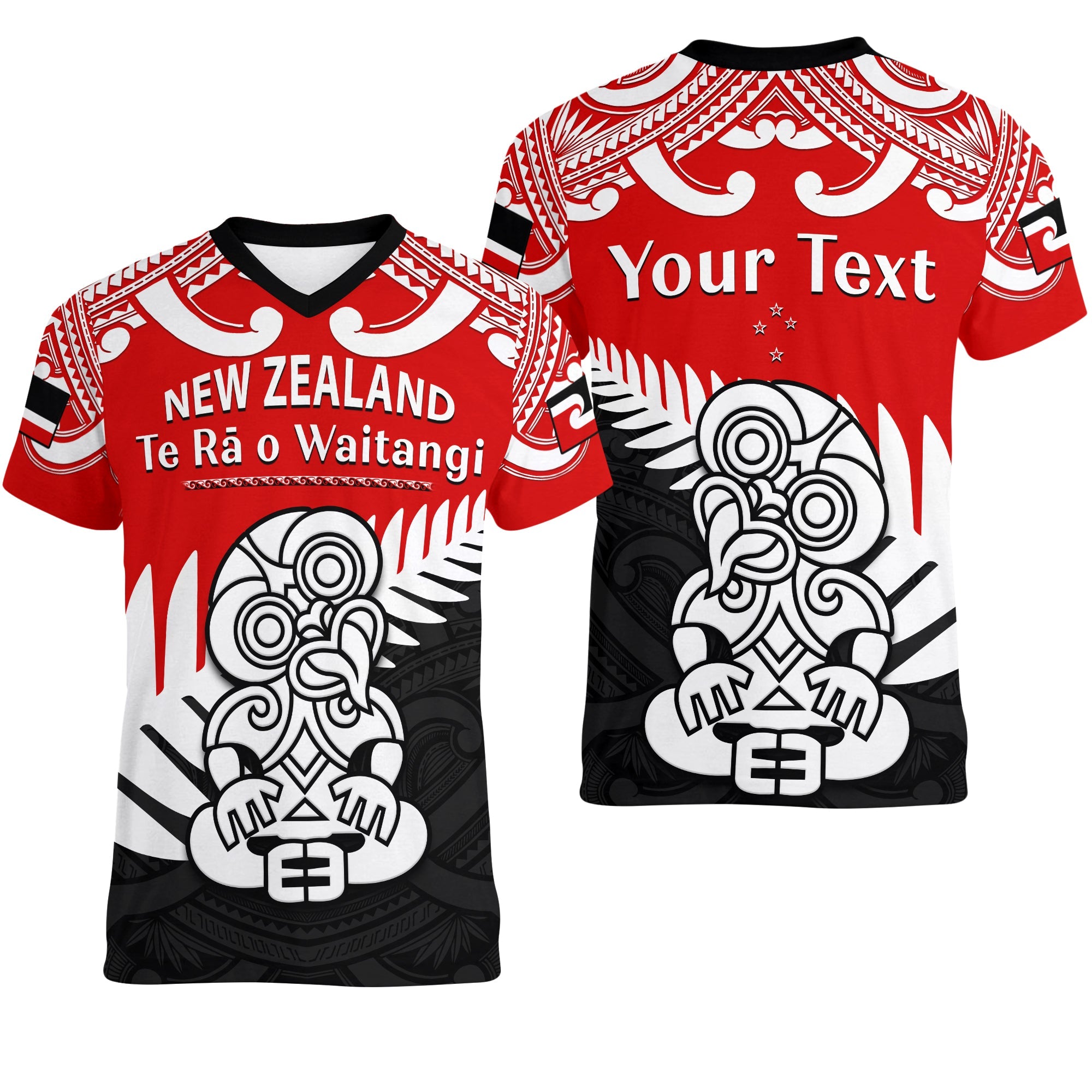 (Custom Personalised) Waitangi Day V-Neck T Shirt Tino Rangatiratanga Flag With Tiki Maori Fern LT14 Female Red - Polynesian Pride