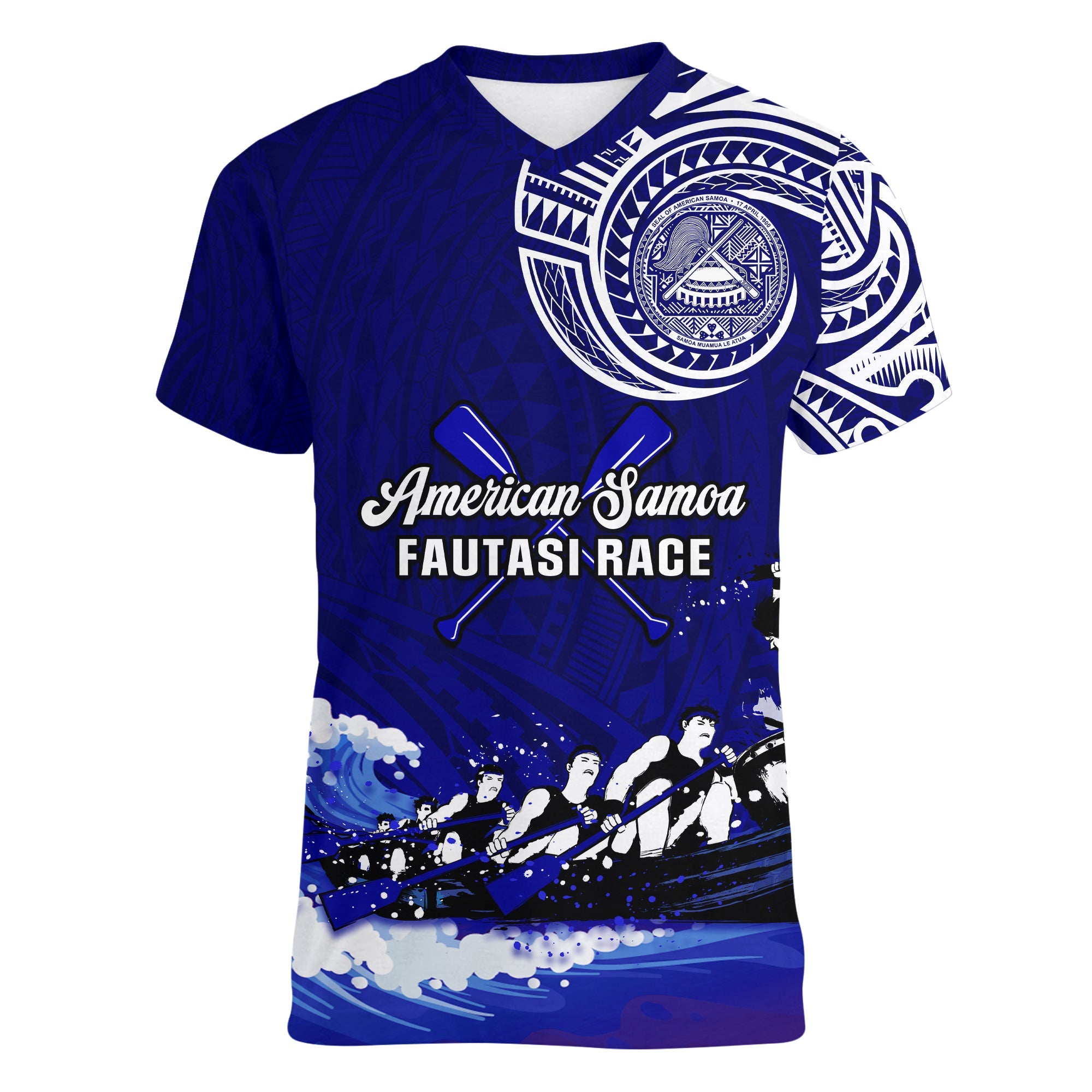 (Custom Personalised) American Samoa V-Neck T Shirt Fautasi Race Samoan Pattern Ver.01 LT14 Female Blue - Polynesian Pride