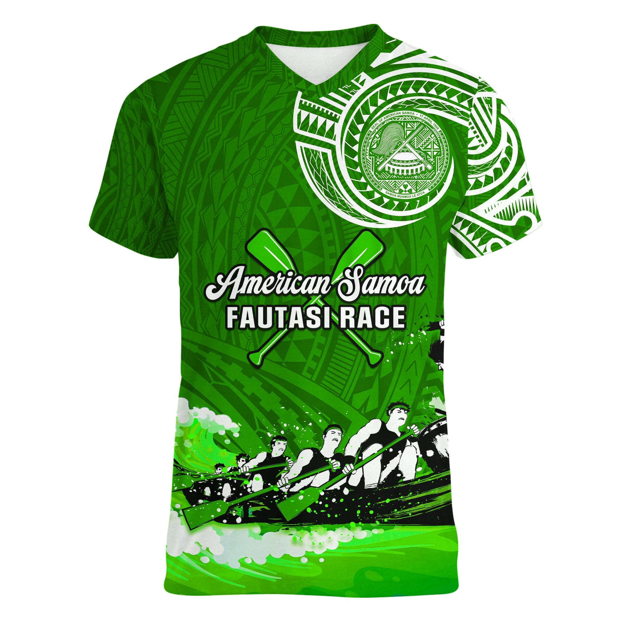 (Custom Personalised) American Samoa V-Neck T Shirt Fautasi Race Samoan Pattern Ver.02 LT14 Female Green - Polynesian Pride