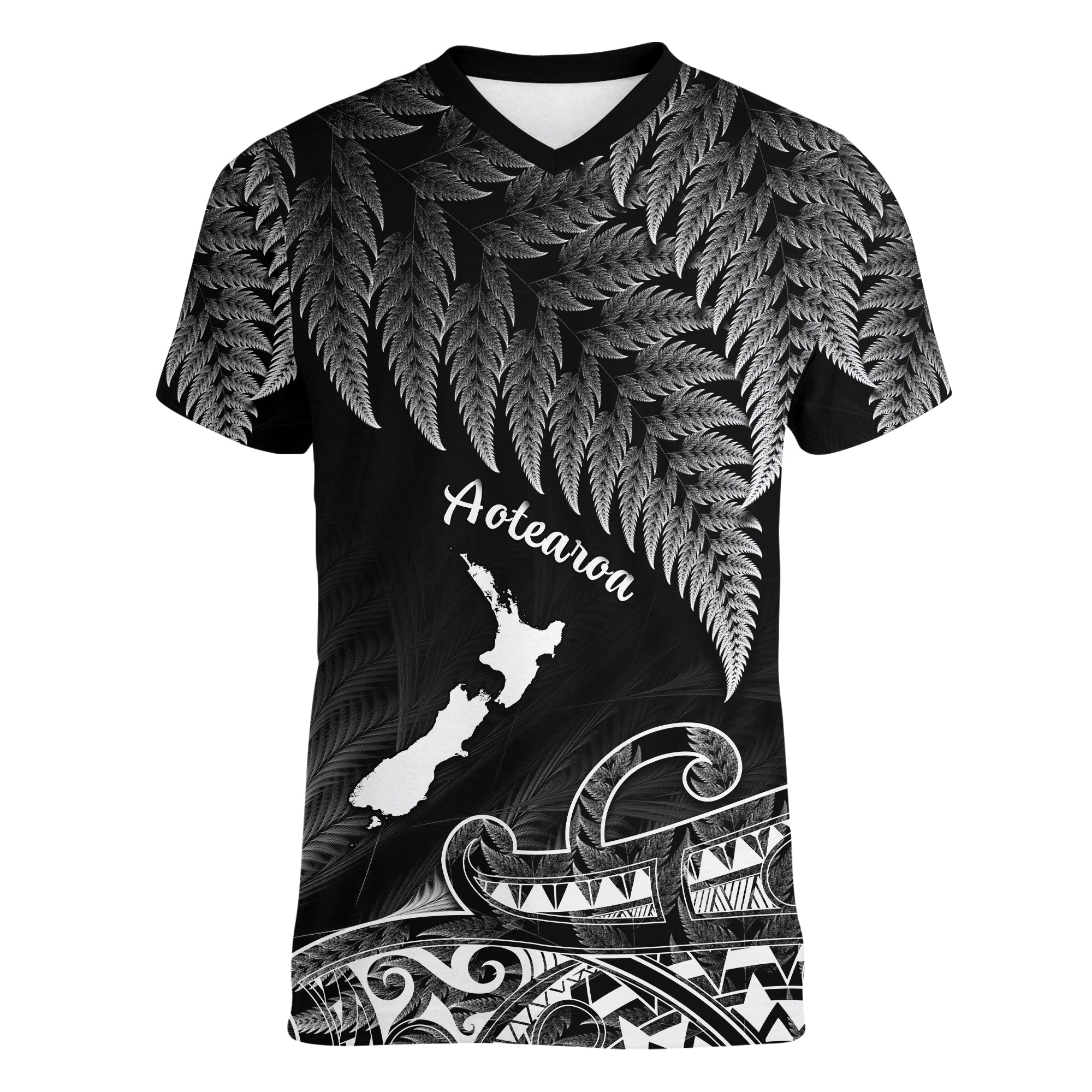 (Custom Personalised) New Zealand Silver Fern V-Neck T Shirt Aotearoa Map Maori LT14 Female Black - Polynesian Pride