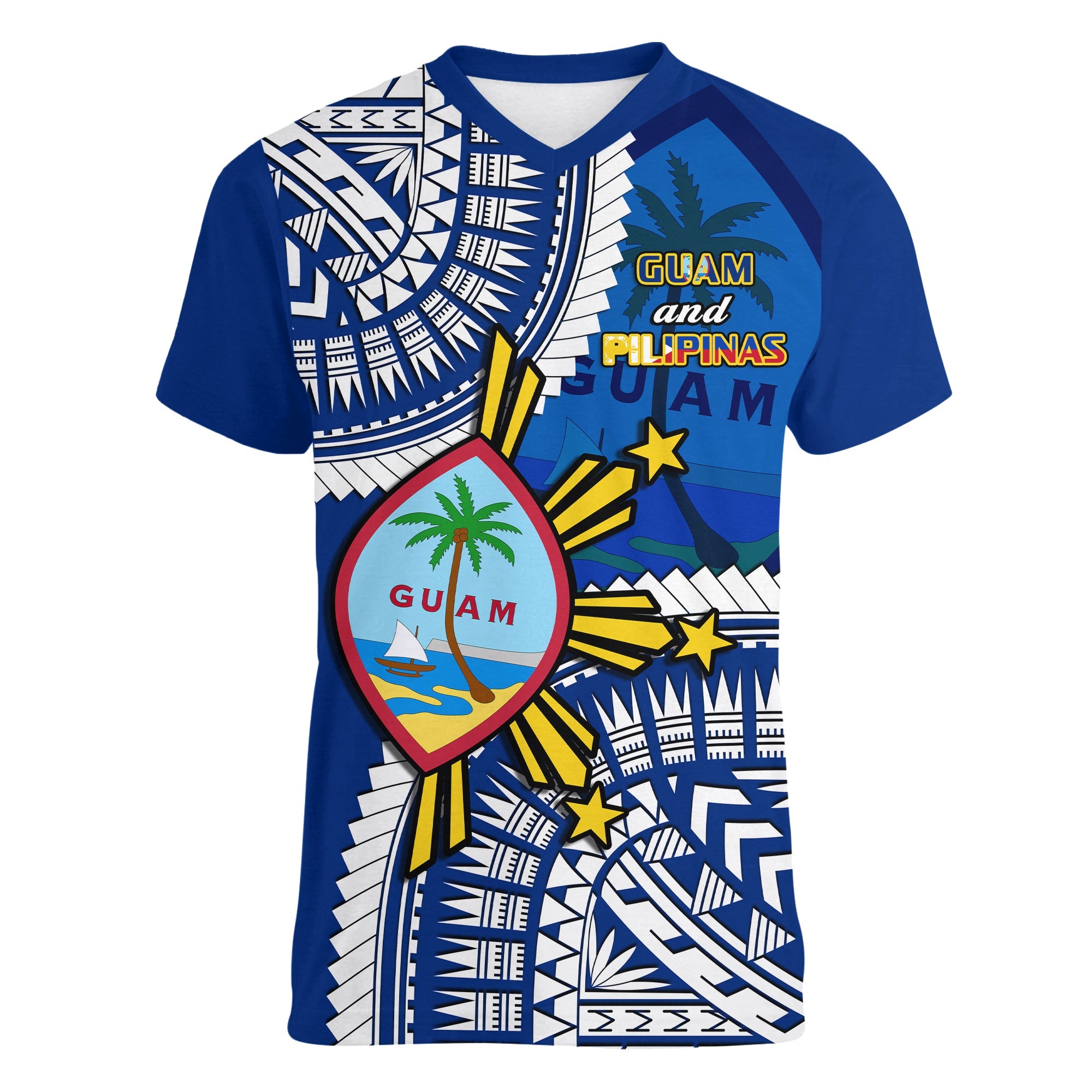 (Custom Personalised) Guam and Philippines V-Neck T Shirt Guaman Filipinas Together Blue LT14 Female Blue - Polynesian Pride