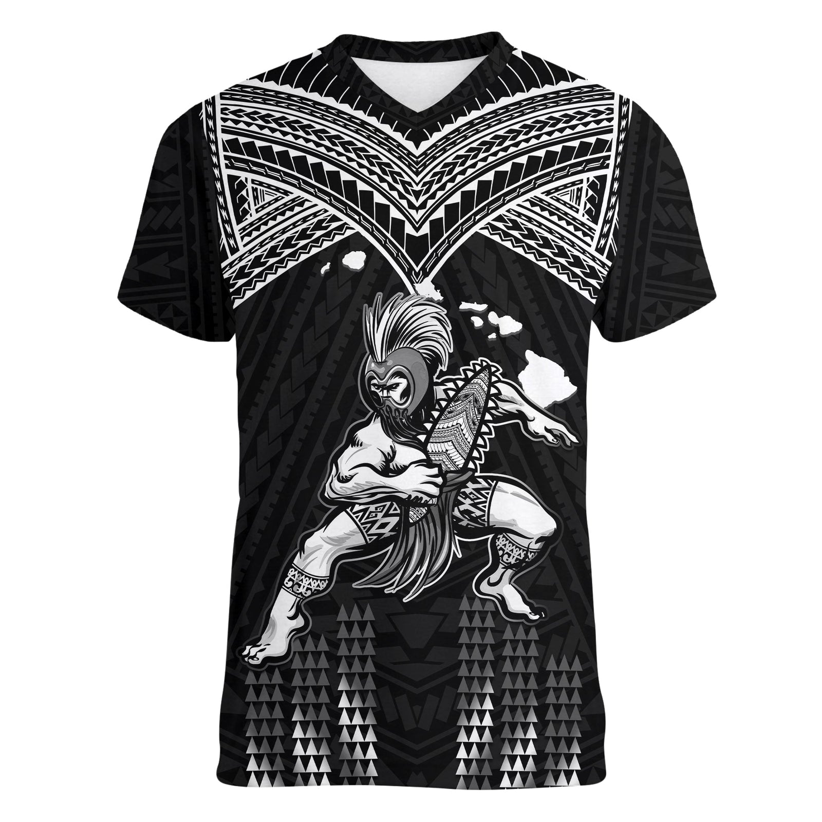(Custom Personalised) Hawaii V-Neck T Shirt Hawaiian Warrior With Weapon Polynesian Ver.01 LT14 Female Black - Polynesian Pride