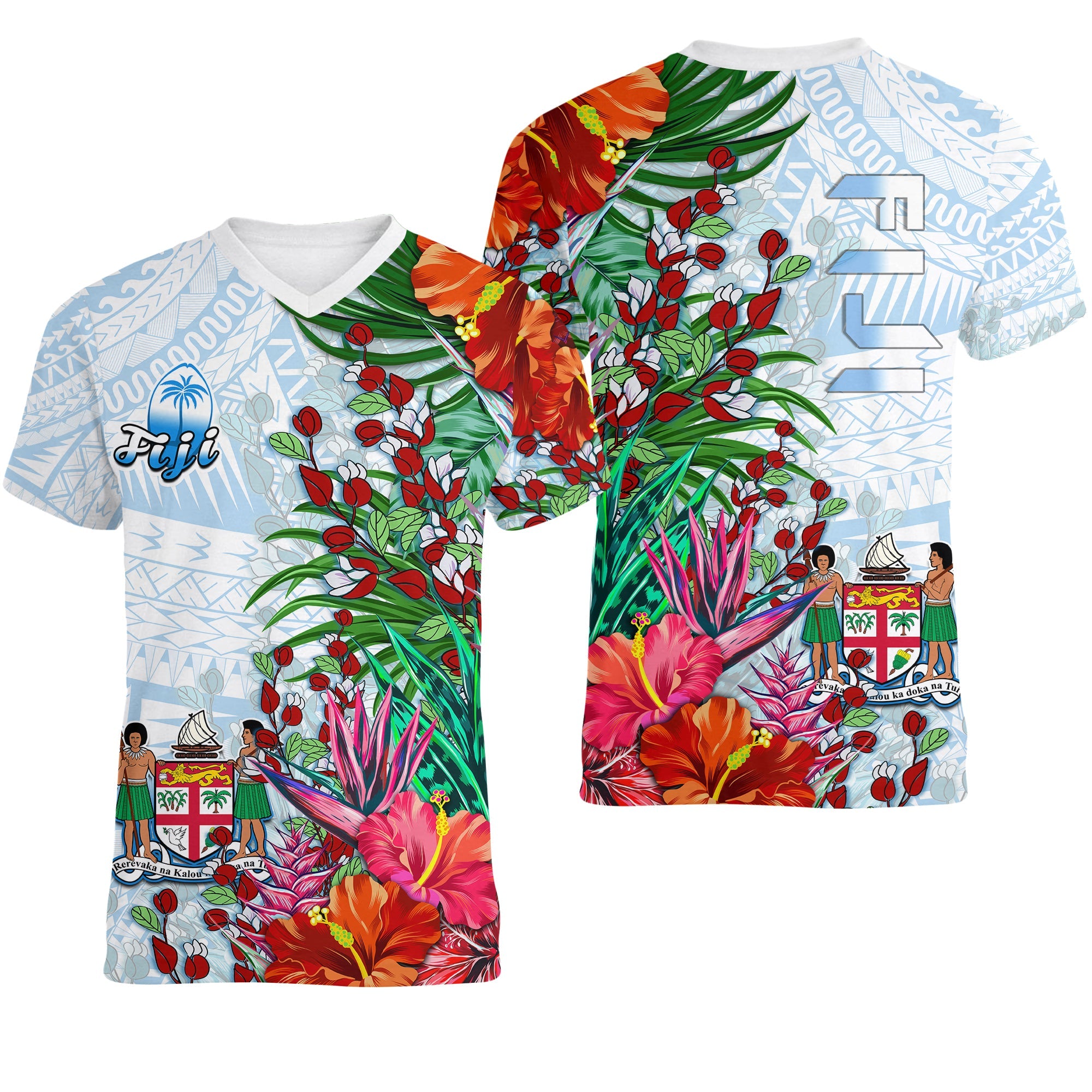 Fiji V Neck T Shirt Proud Fijian Tapa mix Tagimoucia Flowers LT13 White - Polynesian Pride