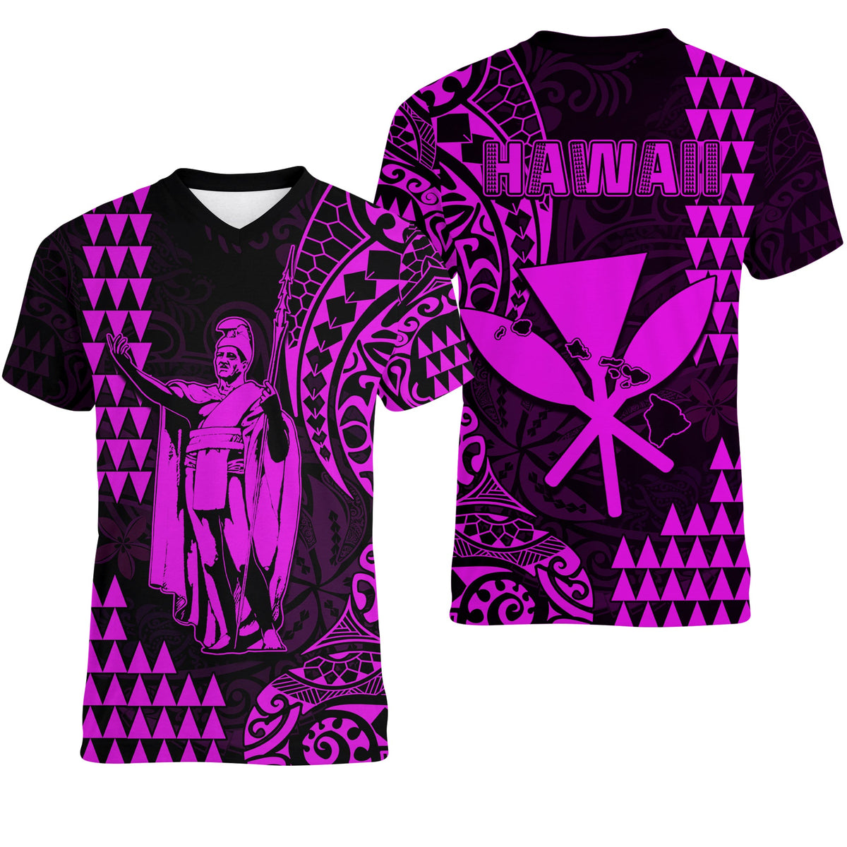 Hawaii Day Kakau V-Neck T Shirt Proud To Be Hawaiian Purple King Kamehameha and Kanaka Maoli LT13 Female Purple - Polynesian Pride