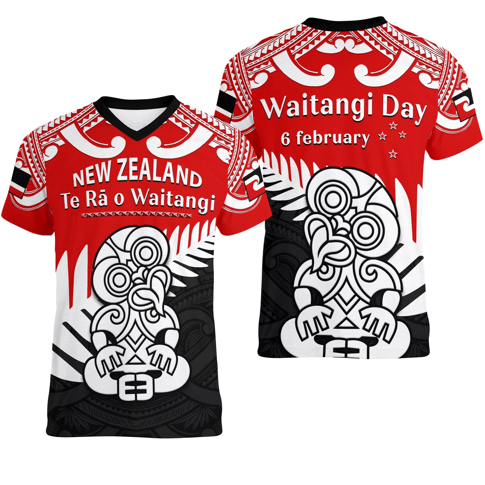 Waitangi Day V-Neck T Shirt Tino Rangatiratanga Flag With Tiki Maori Fern LT14 Female Red - Polynesian Pride