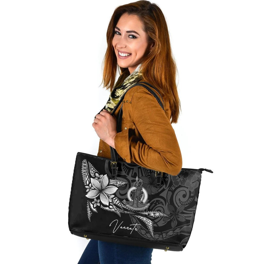 Vanuatu Leather Tote - Fish With Plumeria Flowers Style Black - Polynesian Pride