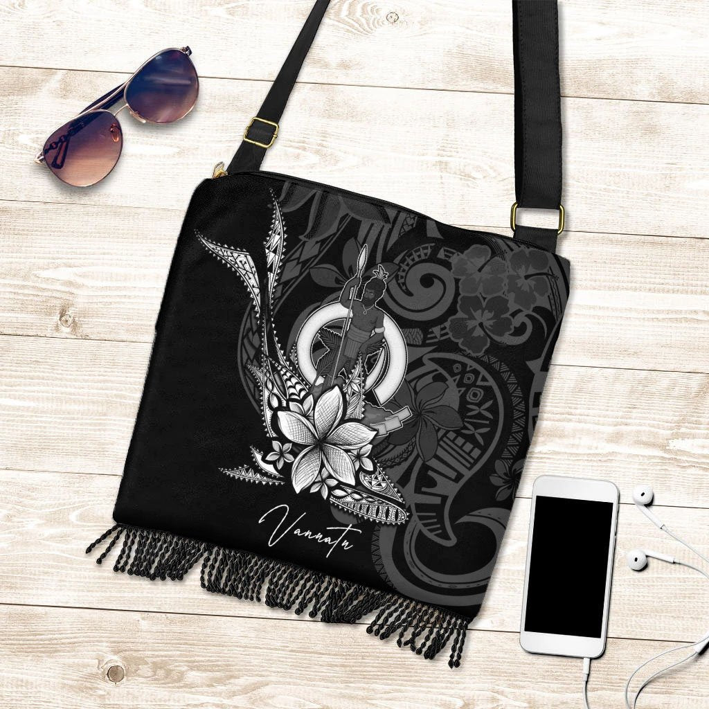 Vanuatu Boho Handbag - Fish With Plumeria Flowers Style One Size Boho Handbag Black - Polynesian Pride