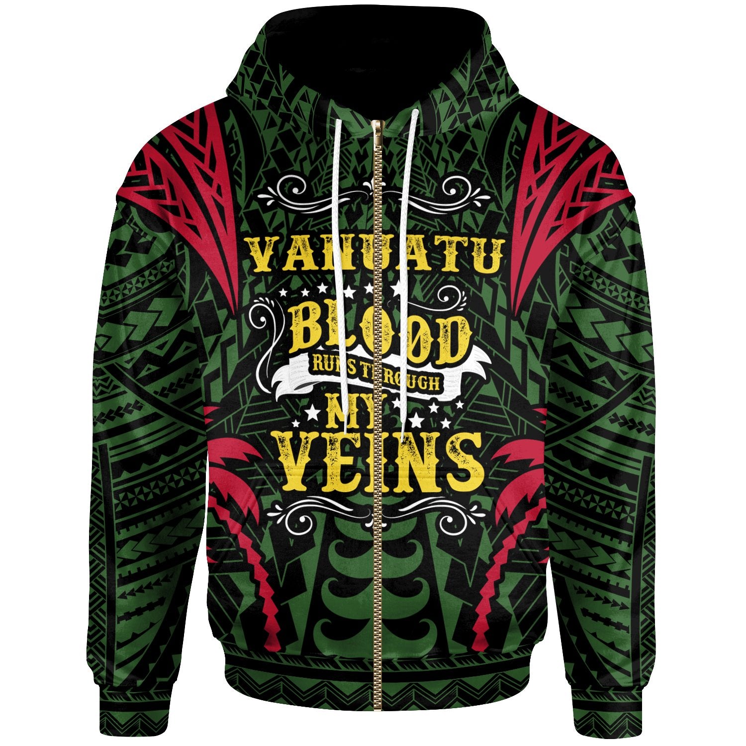 Vanuatu Zip up Hoodie Blood Runs Through My Veins Style Flag Unisex Green - Polynesian Pride