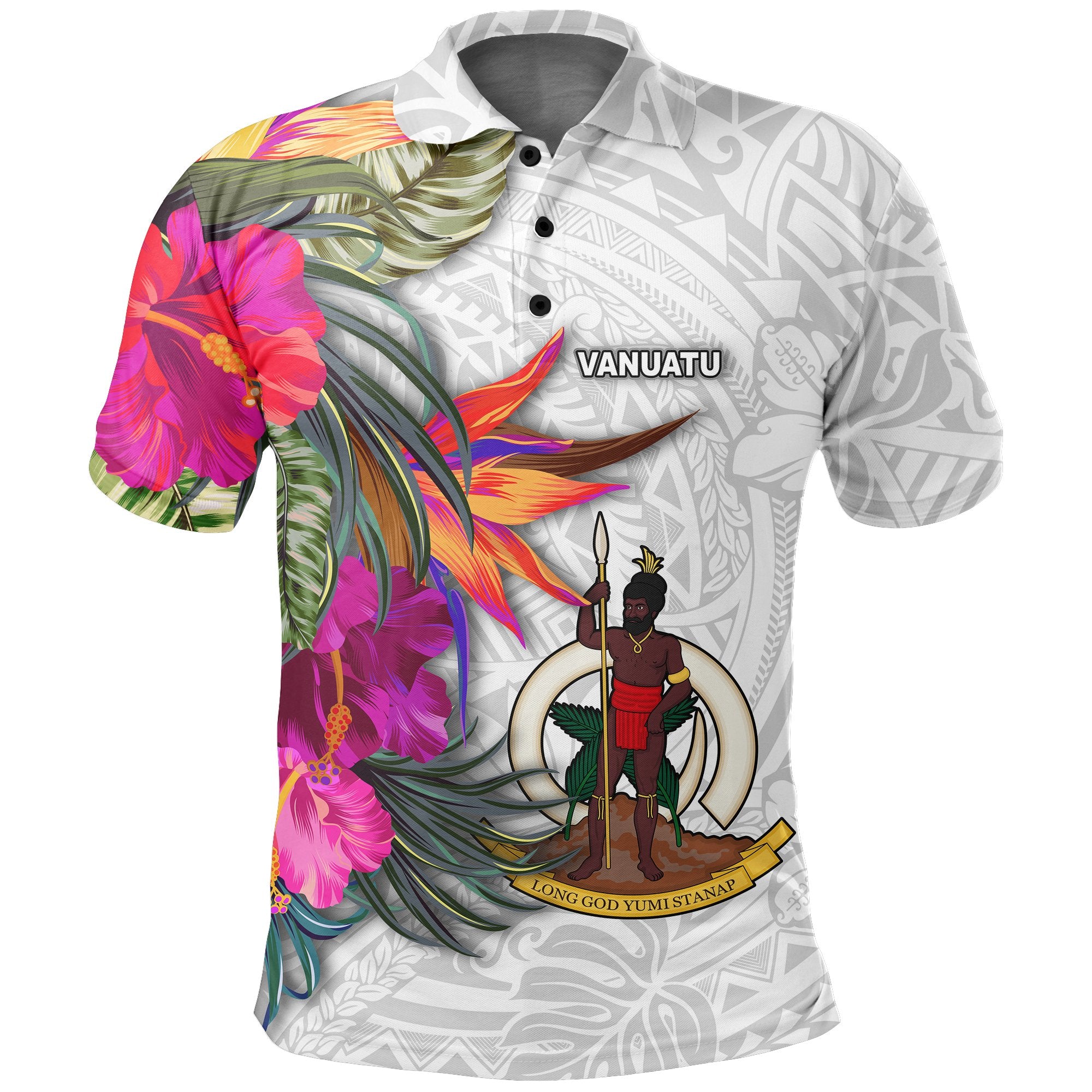 Vanuatu Polo Shirt Polynesian Hibiscus White Pattern Unisex White - Polynesian Pride