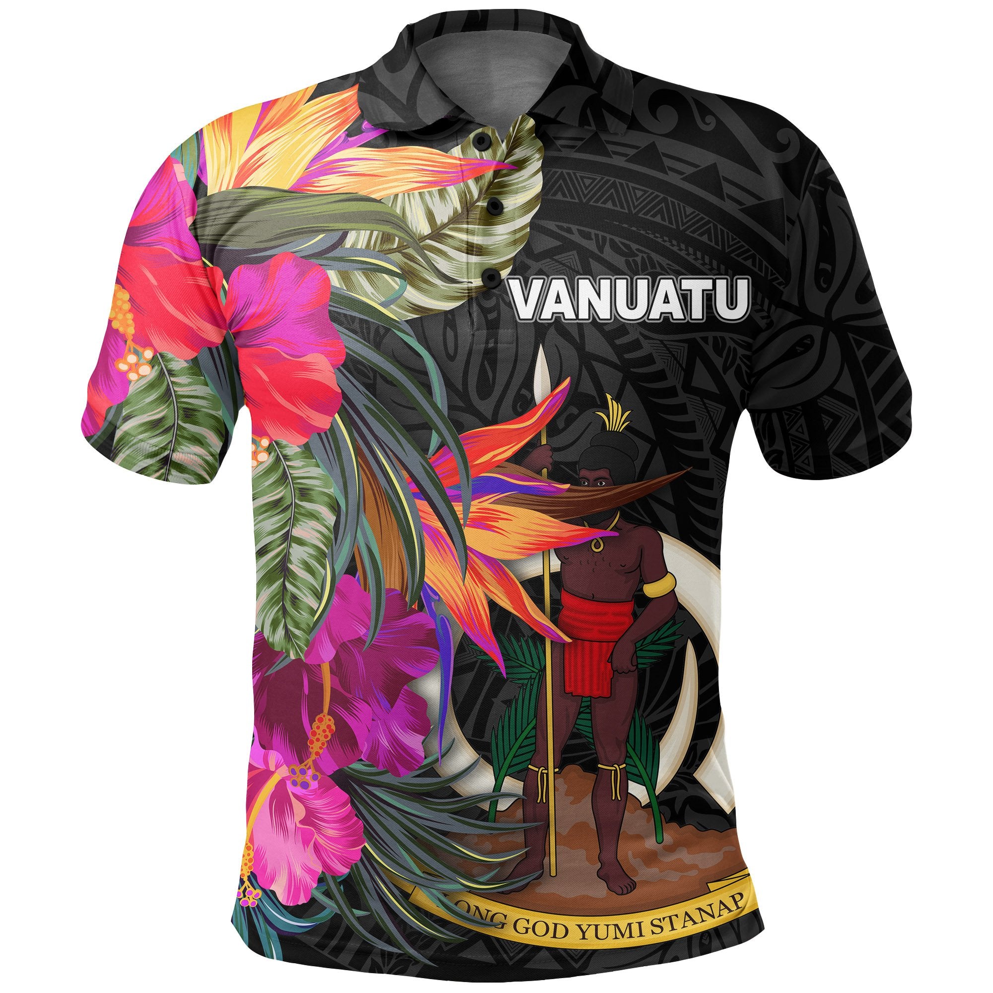 Vanuatu Polo Shirt Hibiscus Polynesian Pattern Unisex Black - Polynesian Pride