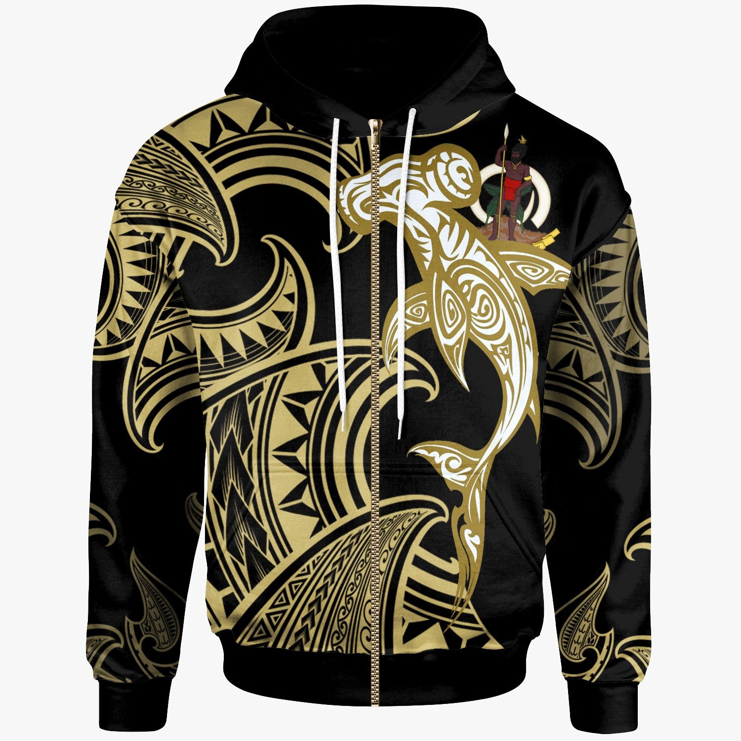 Vanuatu Zip up Hoodie Hammerhead Shark Tribal Pattern Unisex Gold - Polynesian Pride