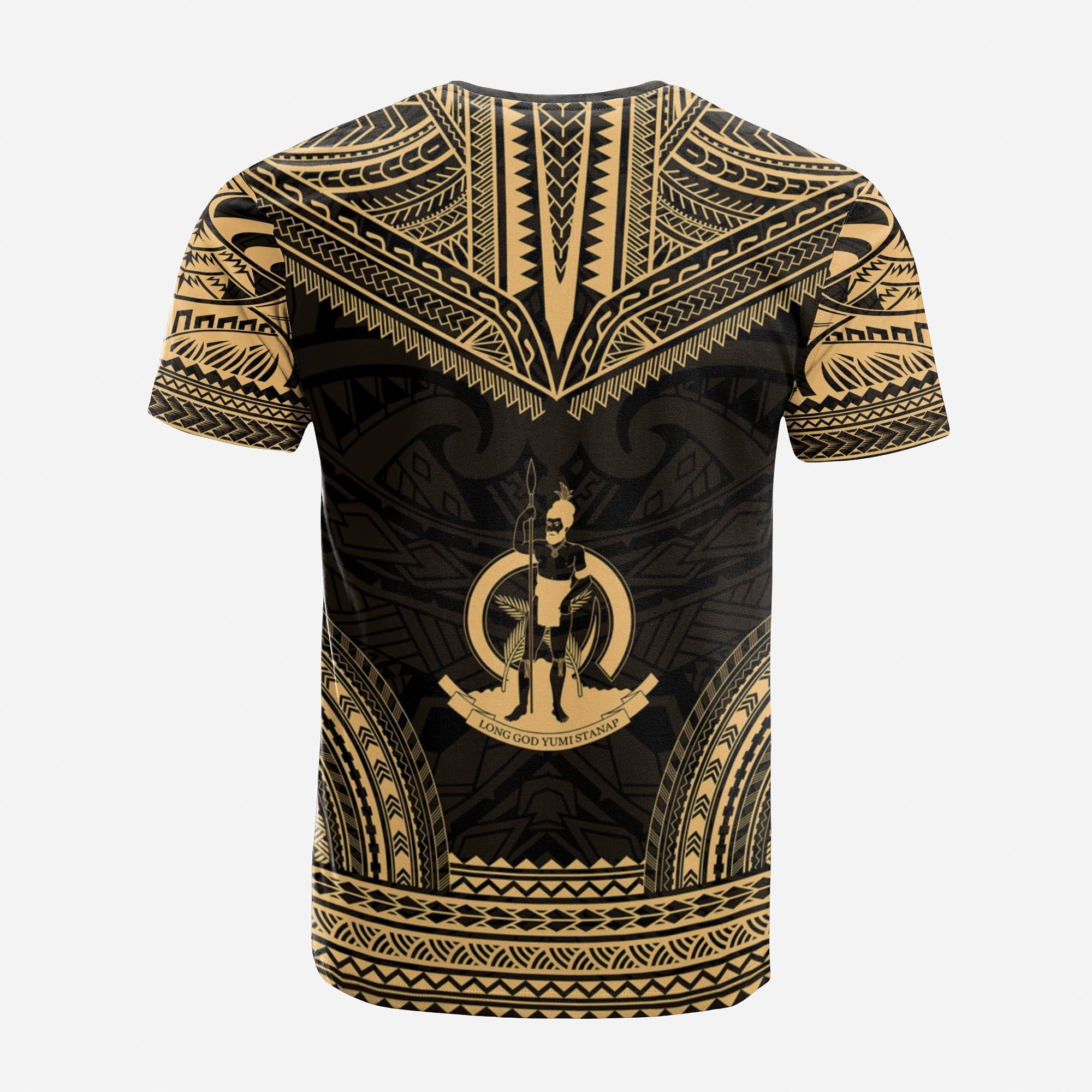 Vanuatu Custom T Shirt Vanuatuan Coat of Arms Polynesian Chief Tattoo Gold Version Unisex Gold - Polynesian Pride