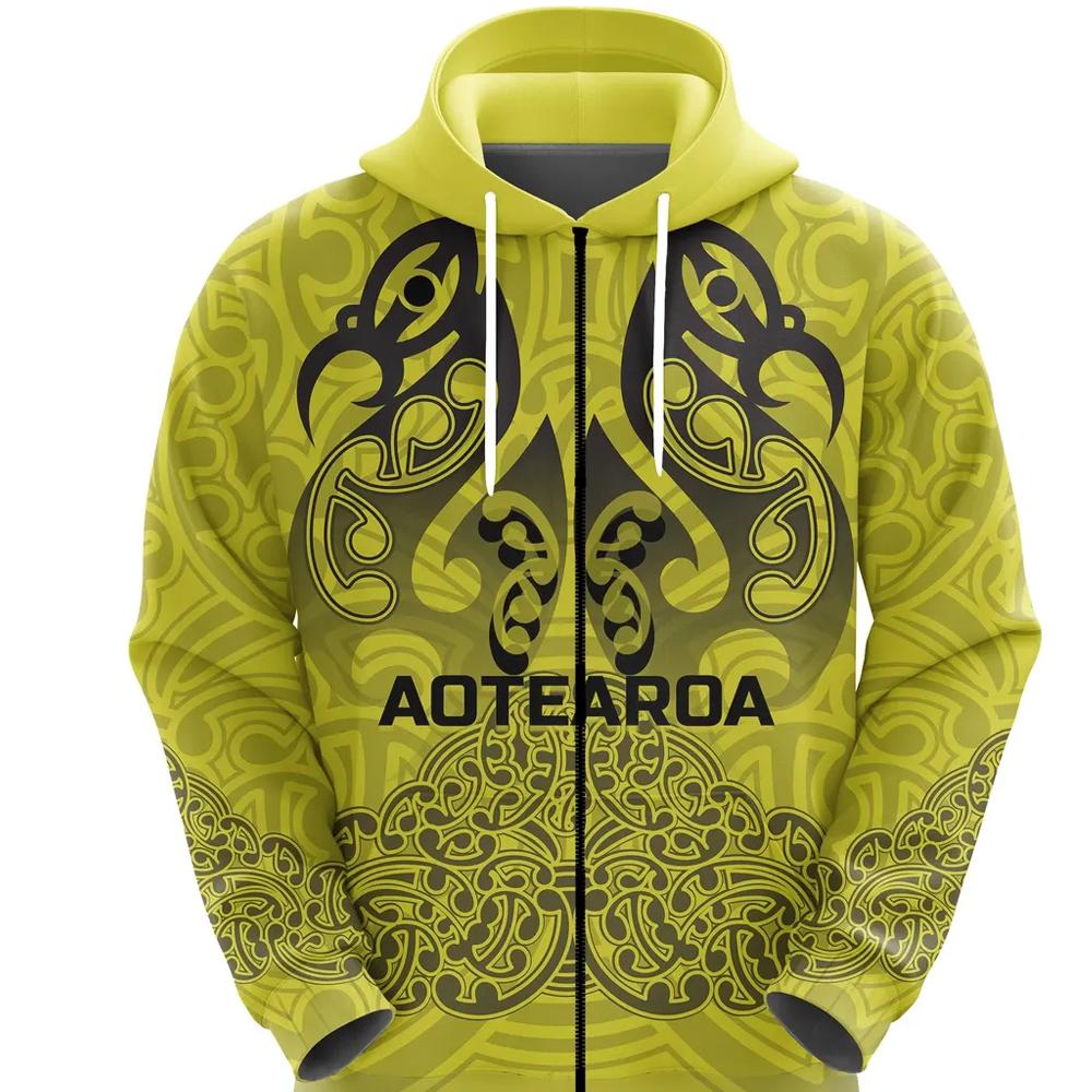 Aotearoa Maori Rugby Zip Hoodie New Zealand Mount Taranaki Manaia Unisex Yellow - Polynesian Pride